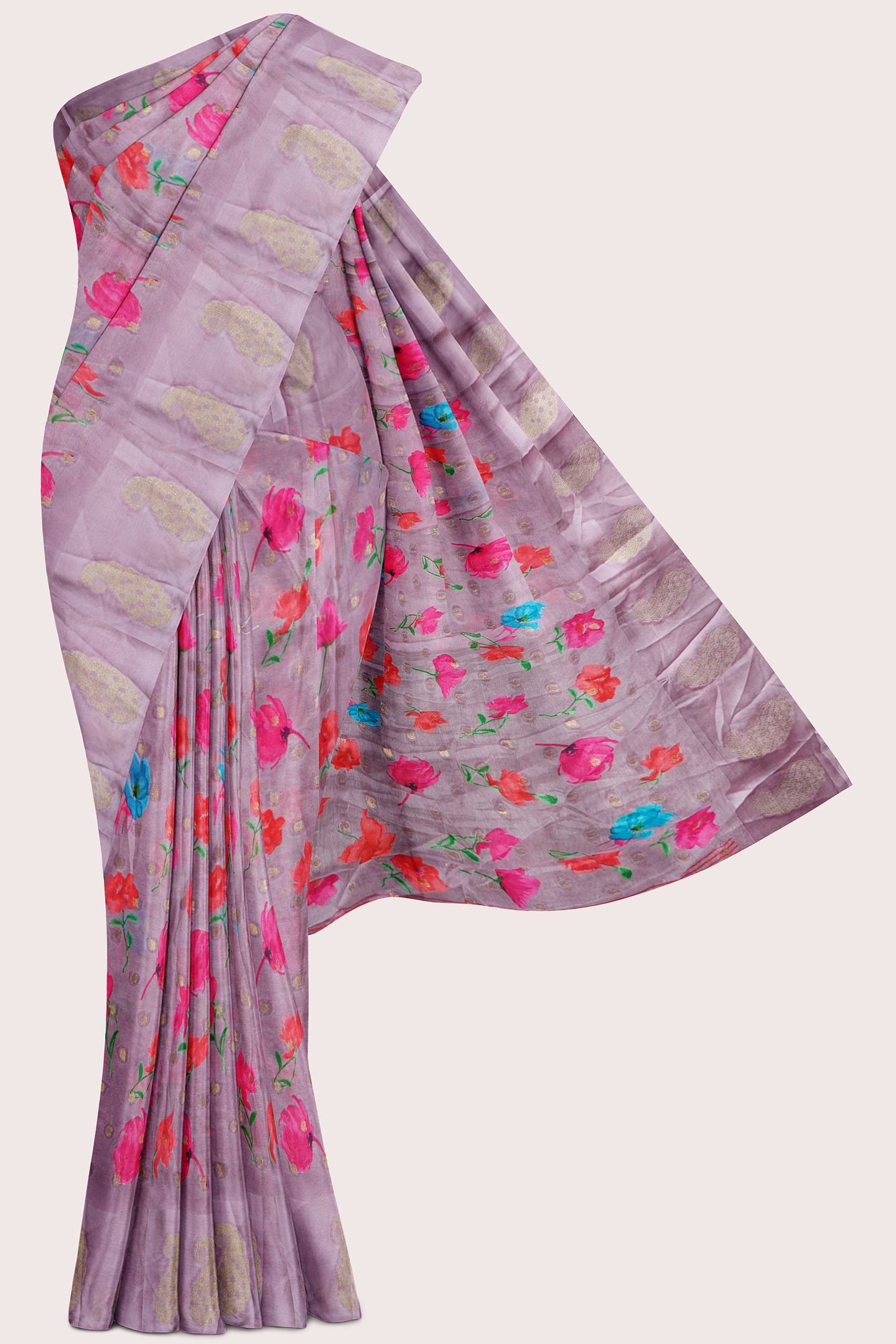 Chiffon Georgette Floral Print With Zari Butti Lavendar Saree