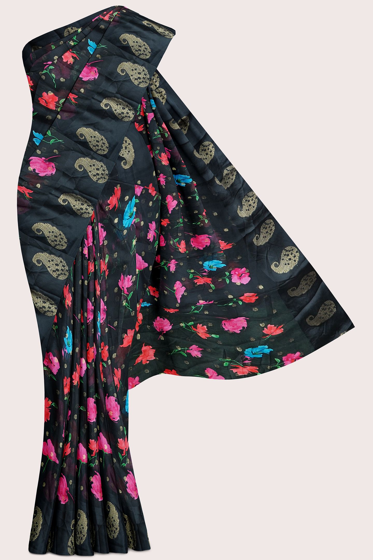 Chiffon Georgette Floral Print With Zari Butti Black Saree