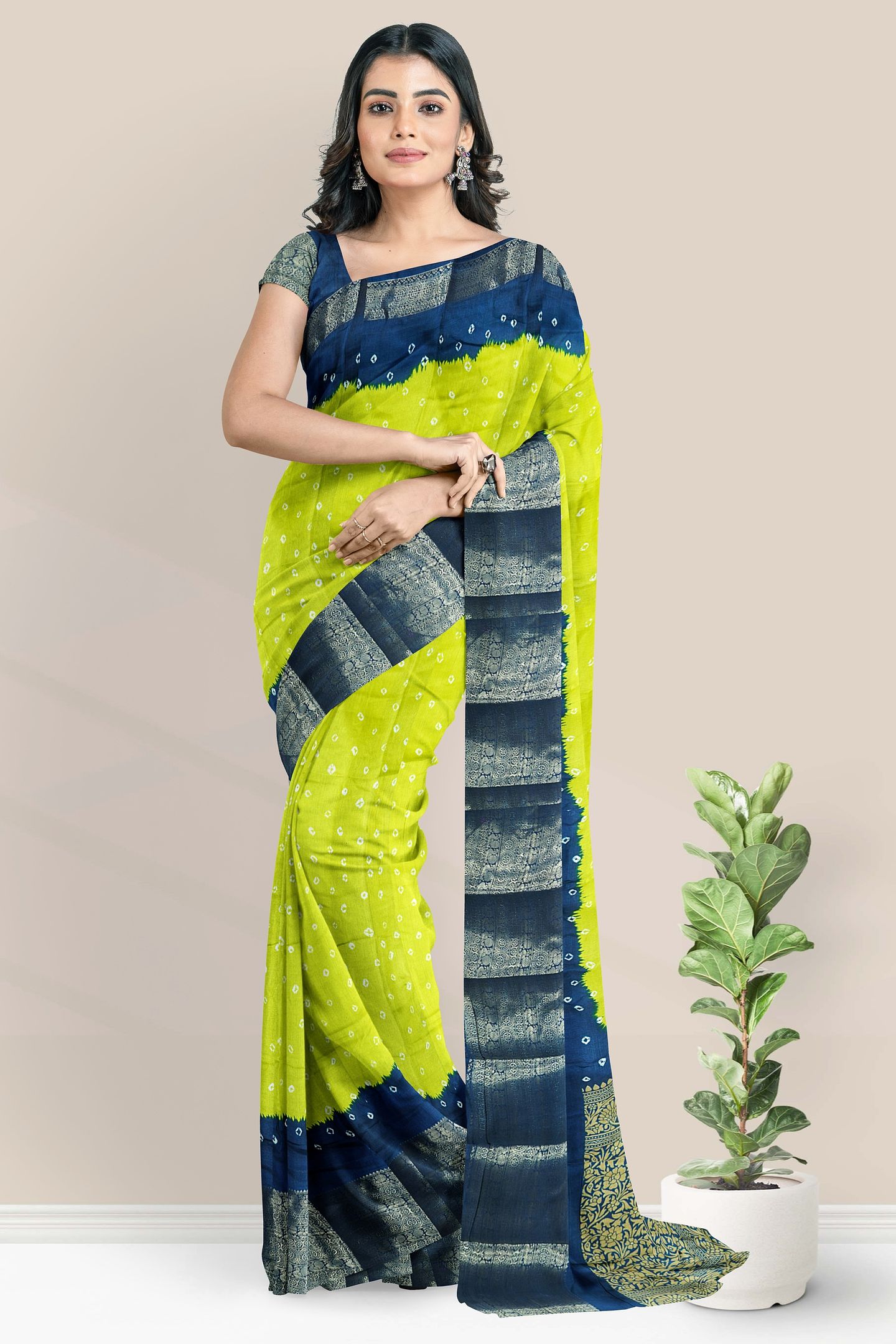 Soft Silk Gold Zari And Bandini Print Neon Green With Peacock Blue Saree