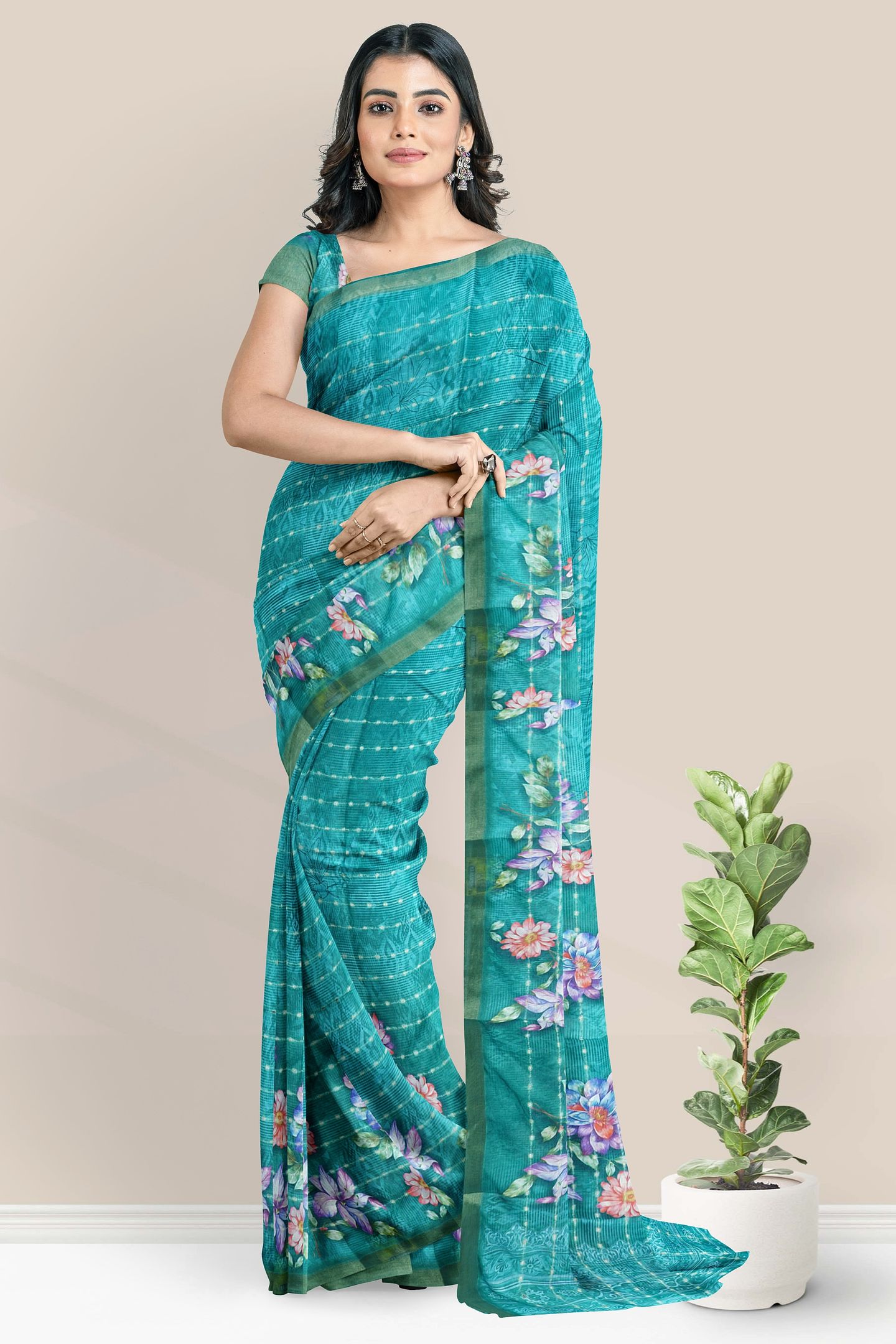 Fancy Silk Kadi Border And Floral Print Green Saree