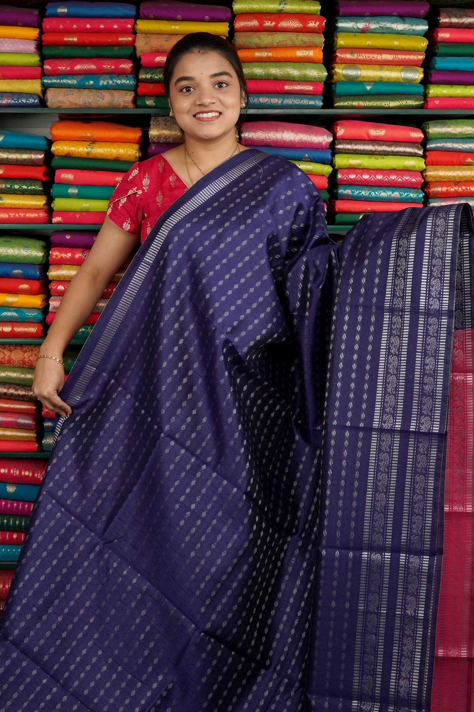 Bhagalpuri Silk Silver Zari Navy Blue And Pink Saree