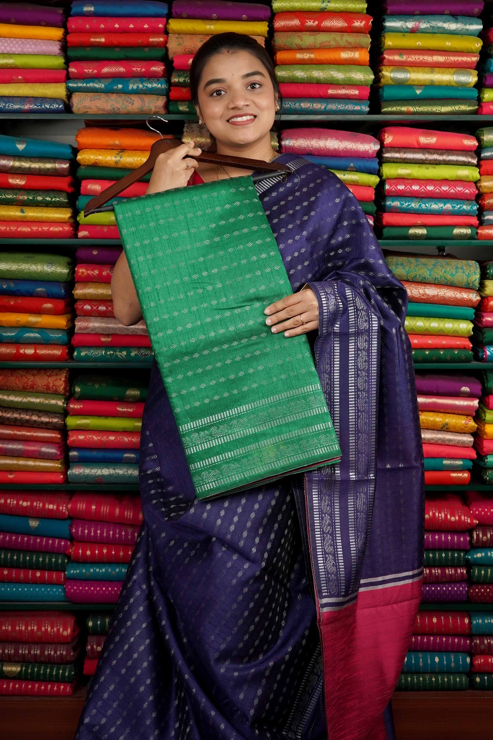 Bhagalpuri Silk Silver Zari Dark Green Saree