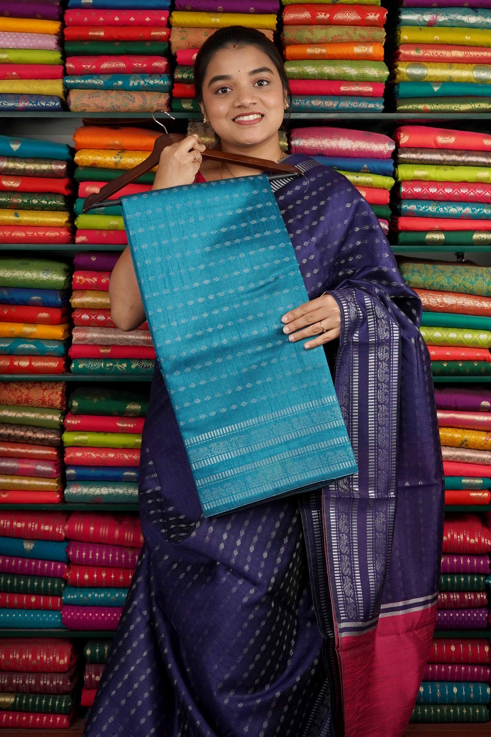 Bhagalpuri Silk Silver Zari Dark Coppersulphate Blue Saree