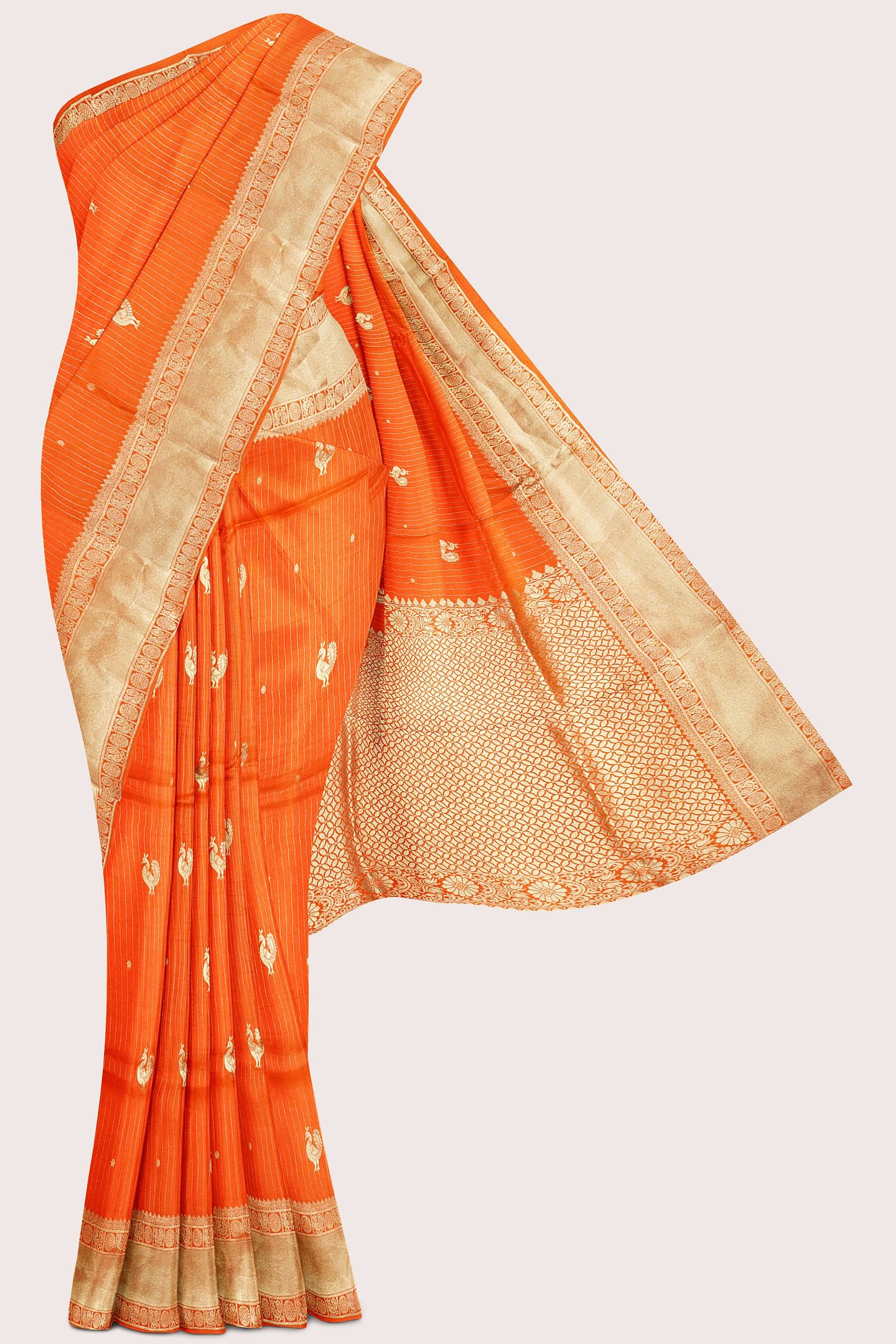 Fancy Semi Pattu Kanchi Border Peacock Butti Orange Saree