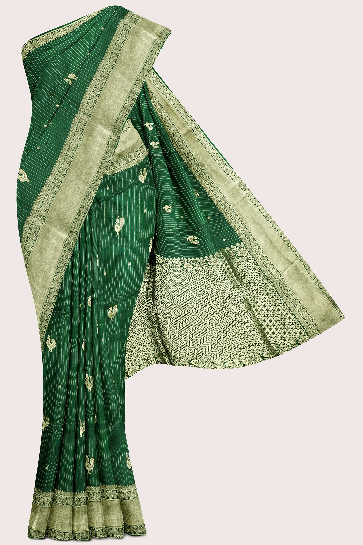 Fancy Semi Pattu Kanchi Border Peacock Butti Dark Green Saree