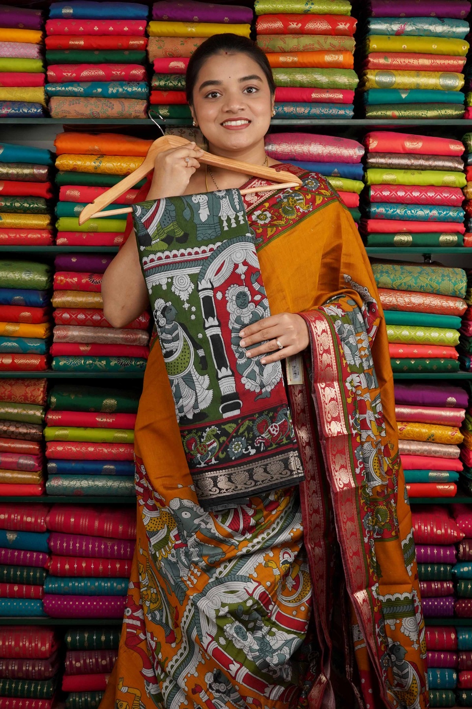 Semi Mangalagiri Kalamkari Print Green And Black Saree