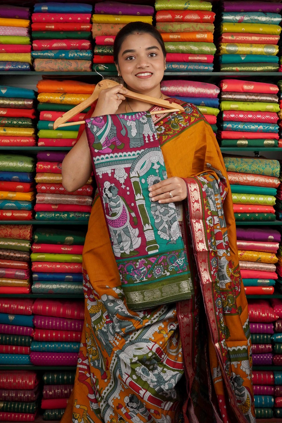 Semi Mangalagiri Kalamkari Print Pink And Green Saree