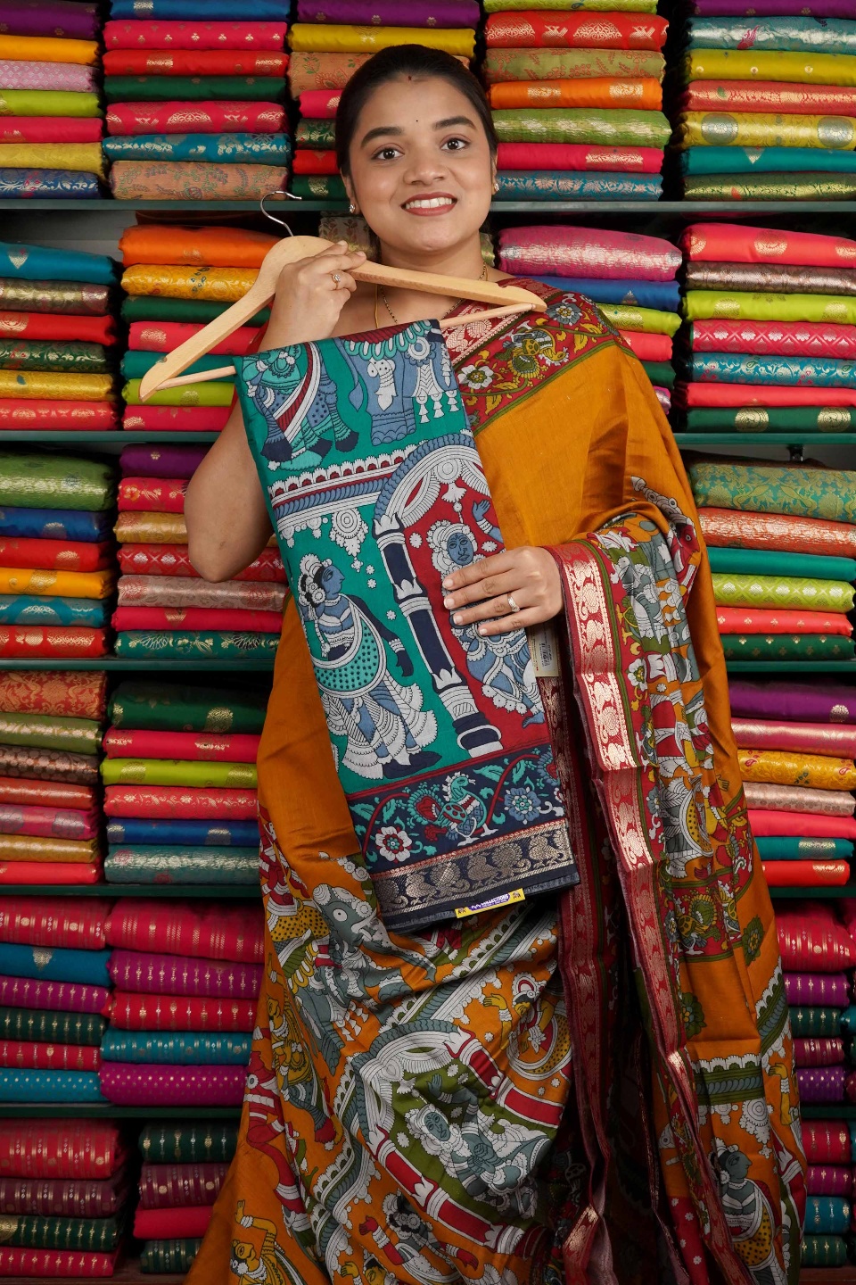 Semi Mangalagiri Kalamkari Print Dark Rama Green And Navy Blue Saree