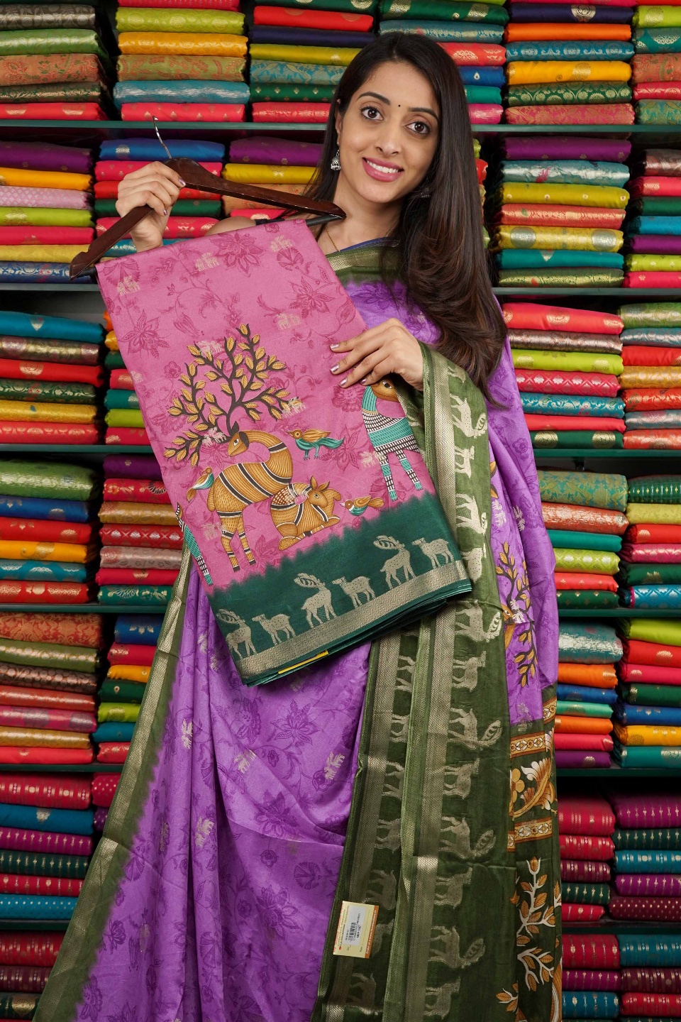 Soft Silk Print With Zari Butti Dark Peach And Dark Green Saree