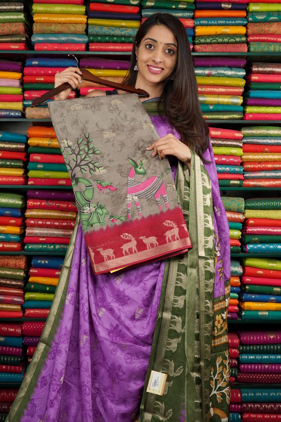 Soft Silk Print With Zari Butti Dark Gray And Red Saree