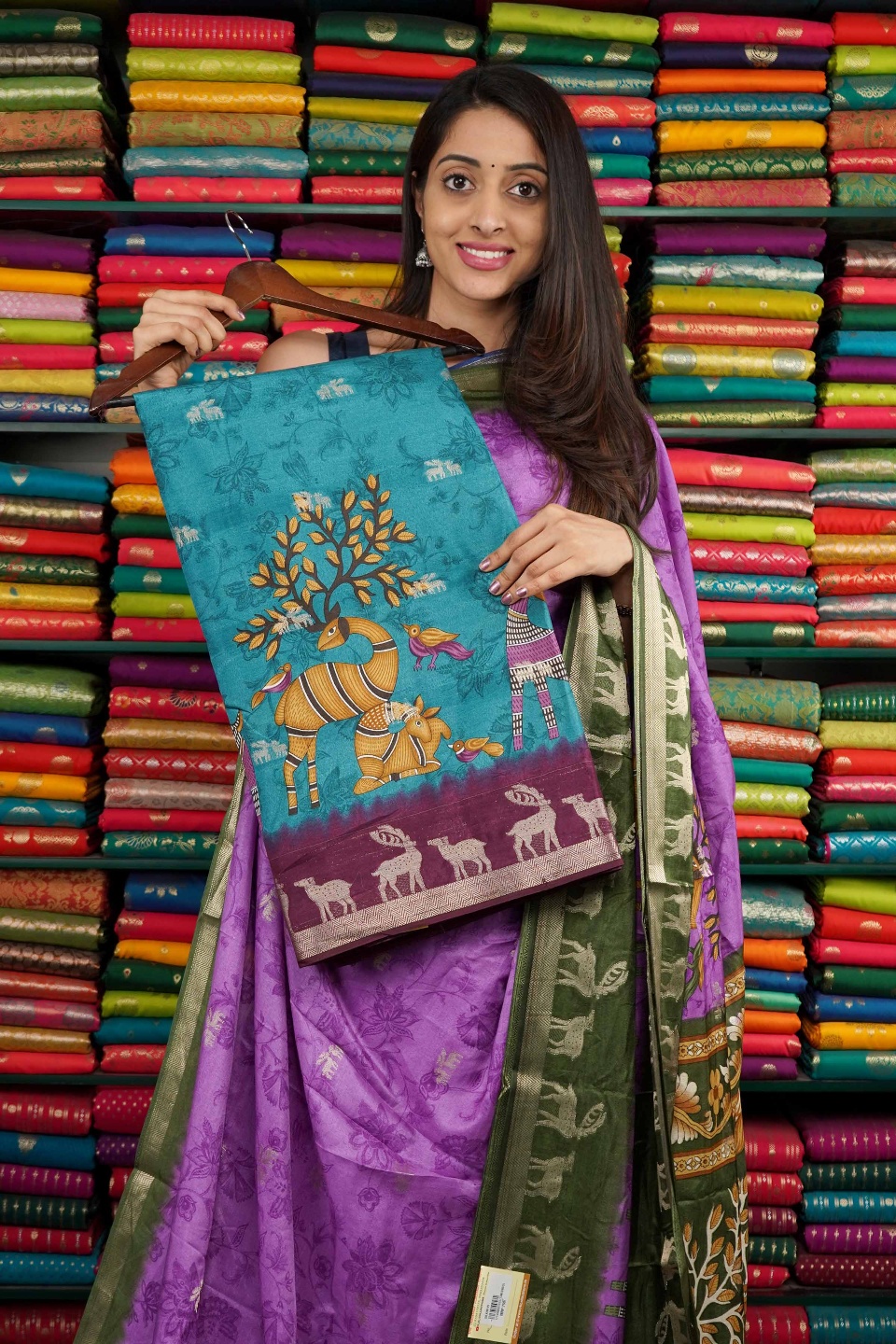 Soft Silk Print With Zari Butti Peacock Blue And Wine Saree