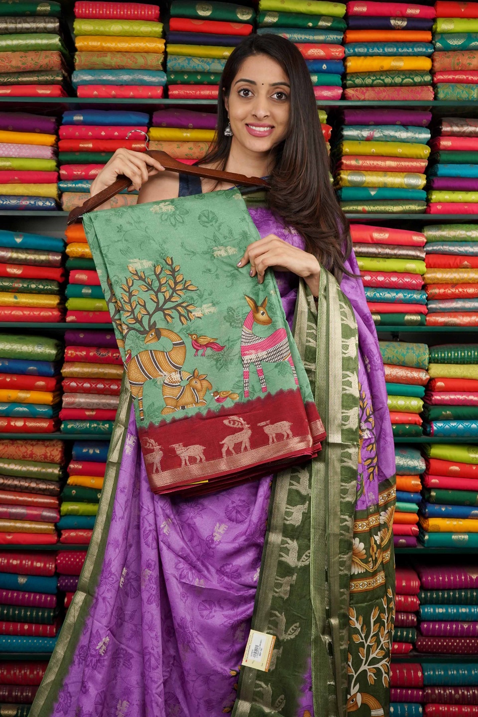 Soft Silk Print With Zari Butti Rama Green And Maroon Saree