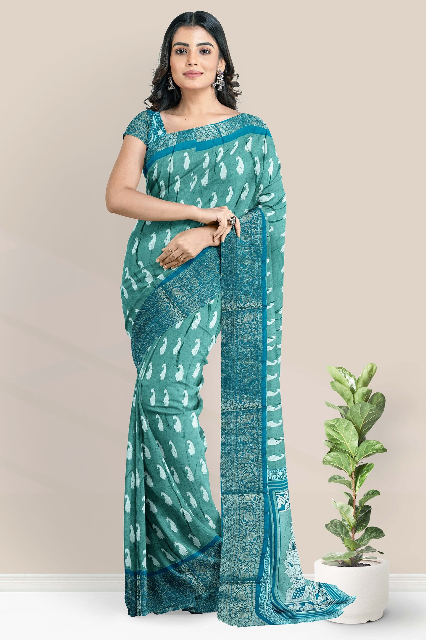 Soft Crushed Silk Gold Zari Ikkath Print Light And Dark Rama Green Saree
