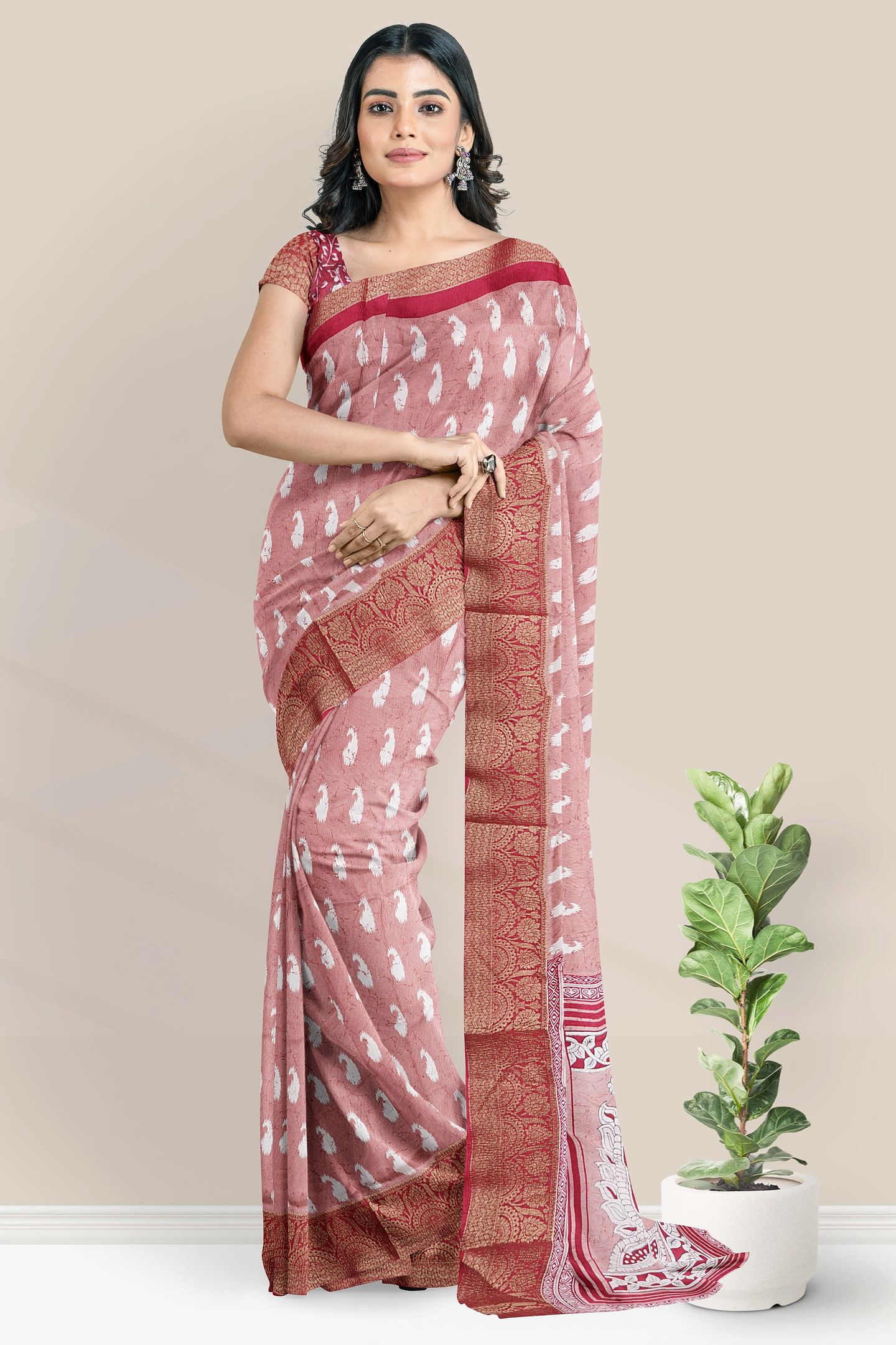 Soft Crushed Silk Gold Zari Ikkath Print Onion Pink With Pink Saree