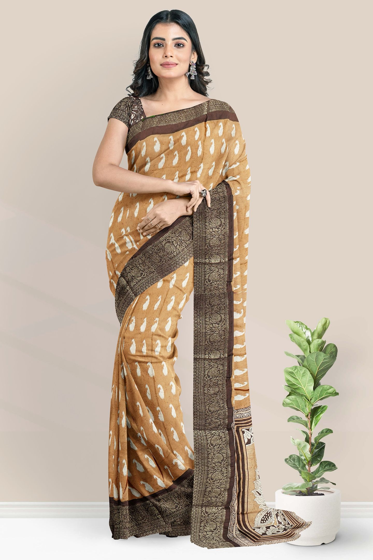 Soft Crushed Silk Gold Zari Ikkath Print Light And Dark Brown Saree