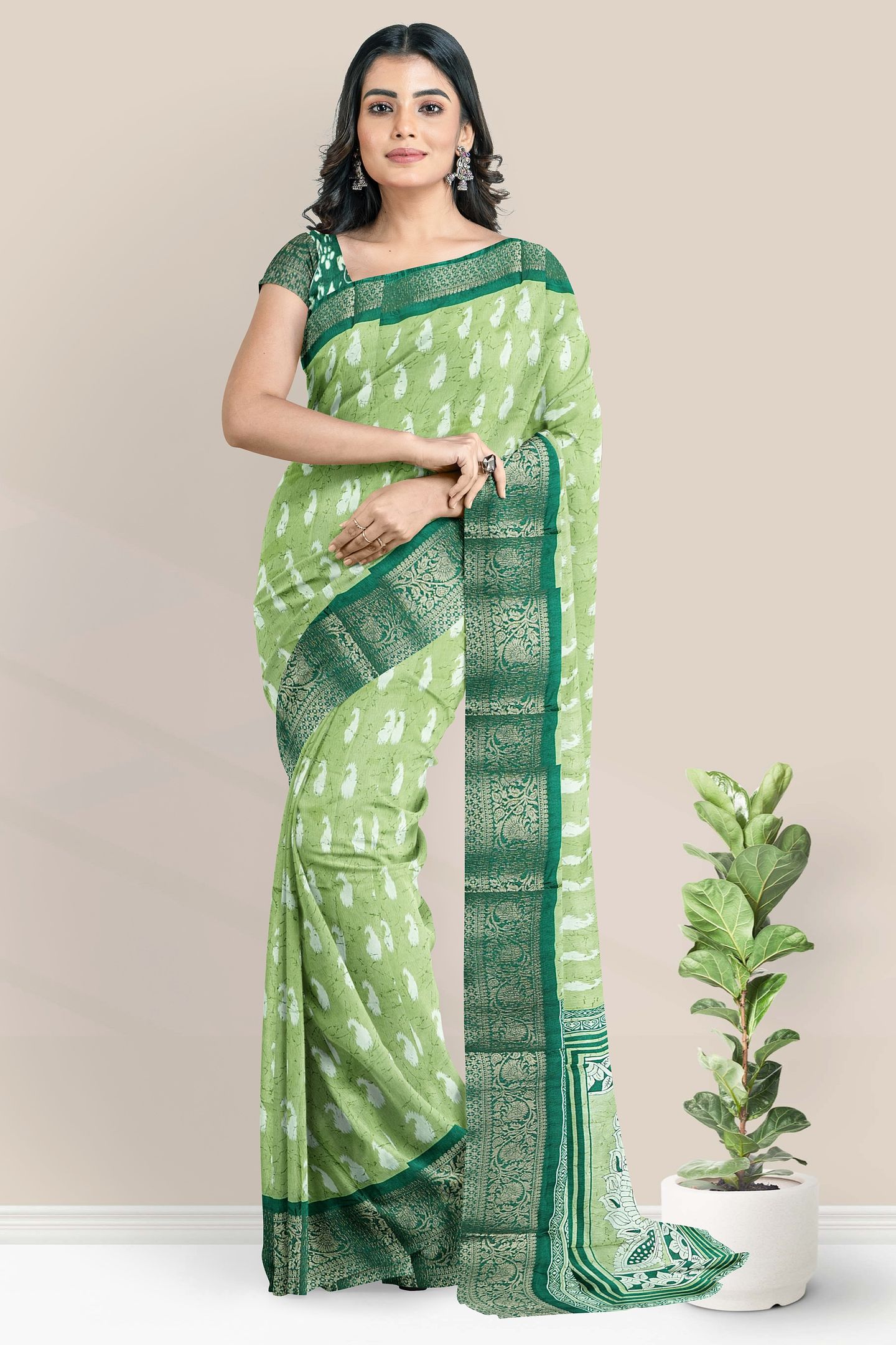 Soft Crushed Silk Gold Zari Ikkath Print Light And Dark Green Saree