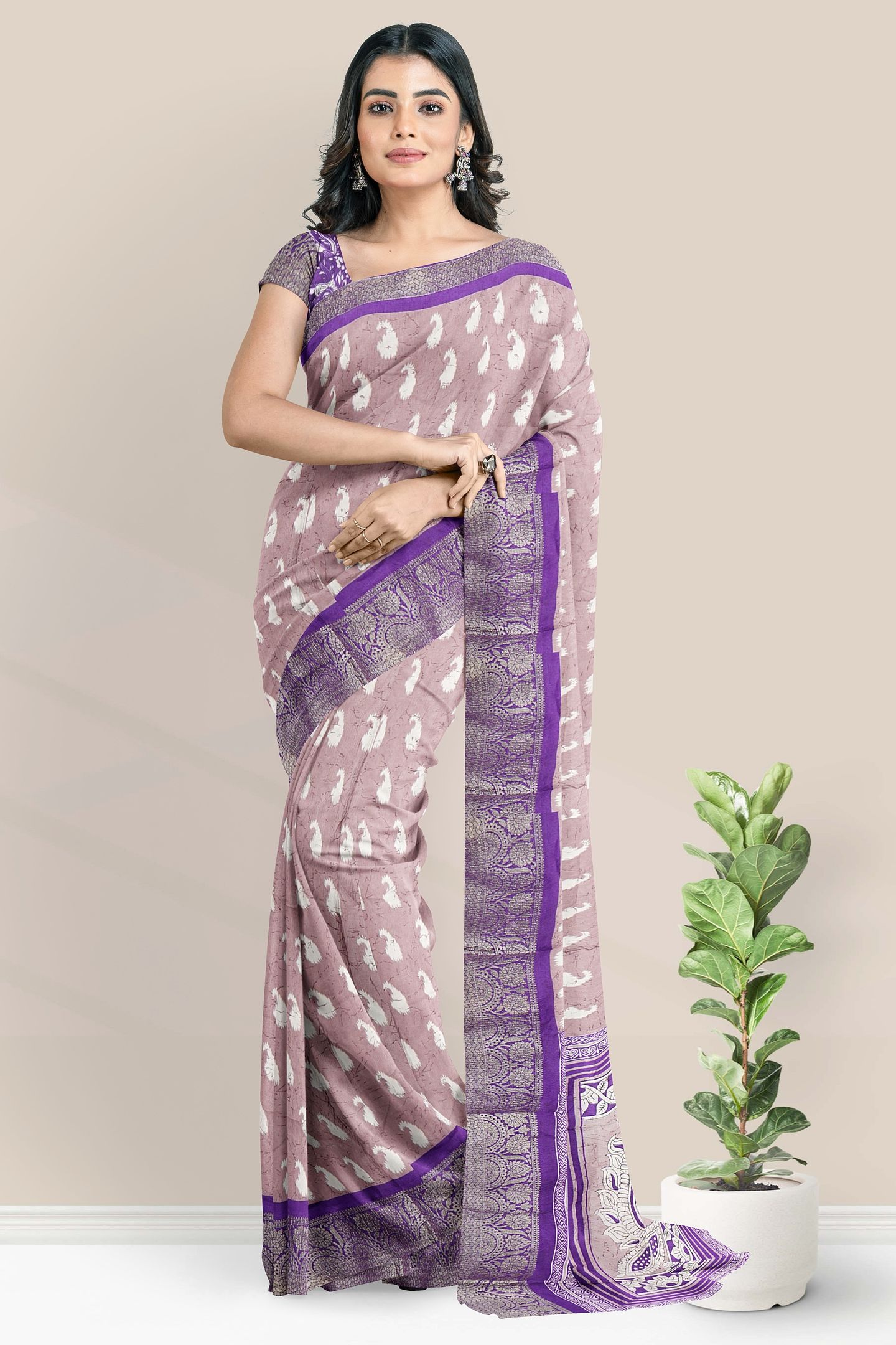 Soft Crushed Silk Gold Zari Ikkath Print Light And Dark Purple Saree