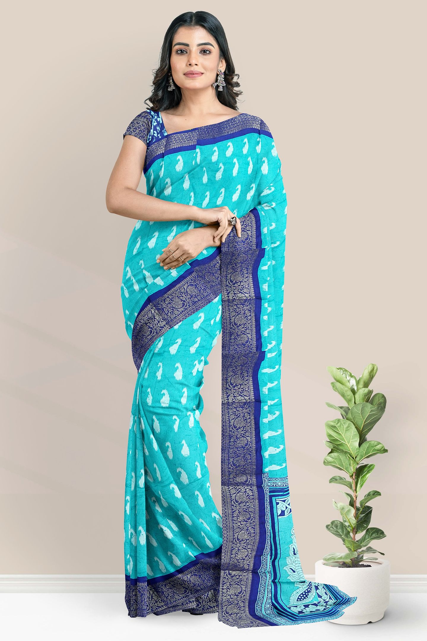 Soft Crushed Silk Gold Zari Ikkath Print Sea Green With Navy Blue Saree