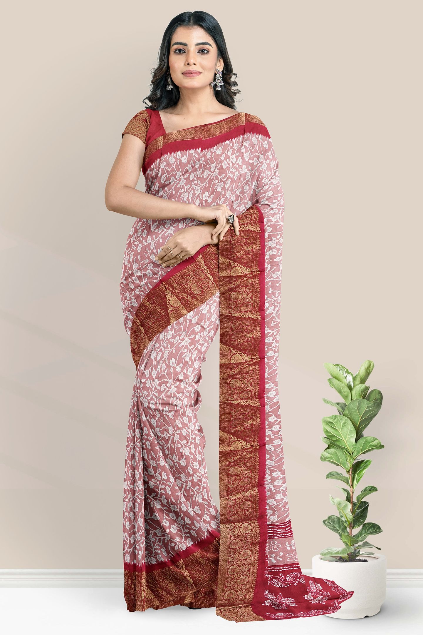 Soft Crushed Silk Gold Zari Floral Print Light And Dark Pink Saree