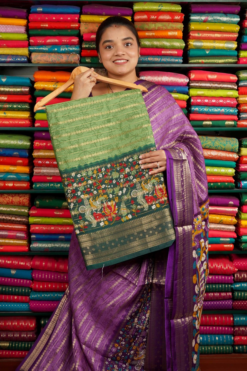 Dola Silk Print With Zari Line Light And Dark Green Saree