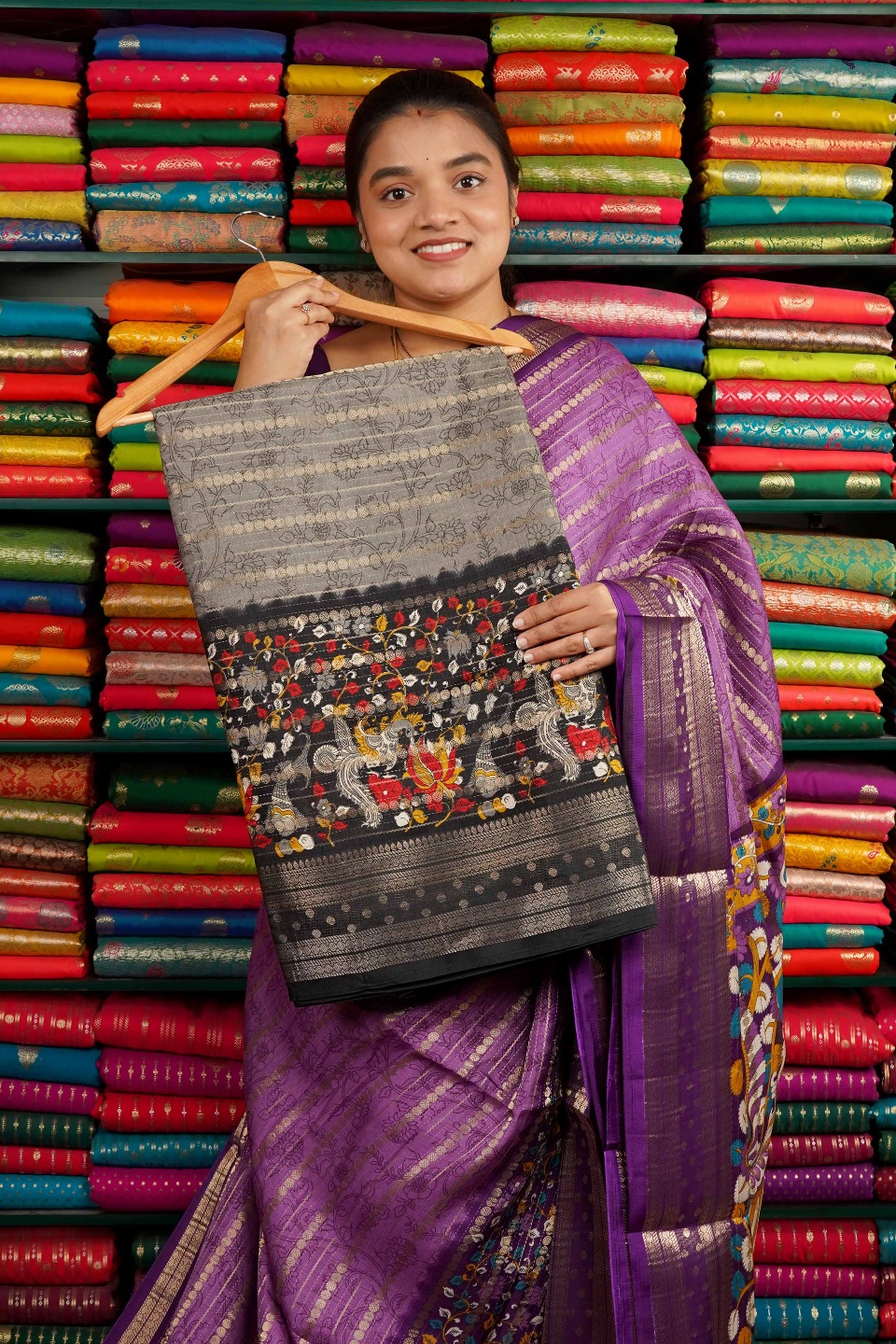 Dola Silk Print With Zari Line Gray And Black Saree