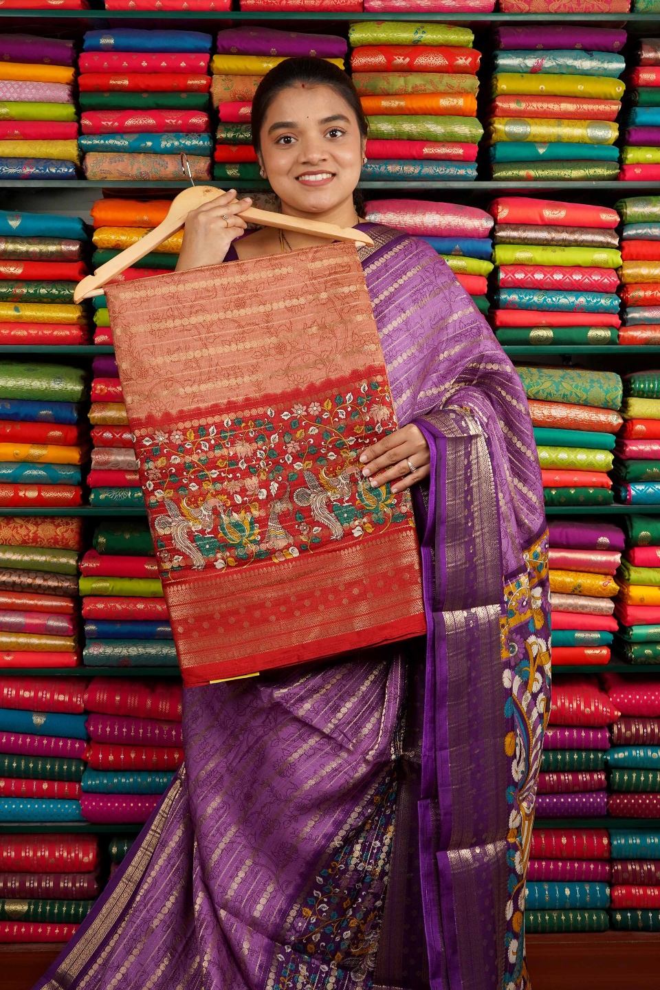 Dola Silk Print With Zari Line Dark Peach And Red Saree