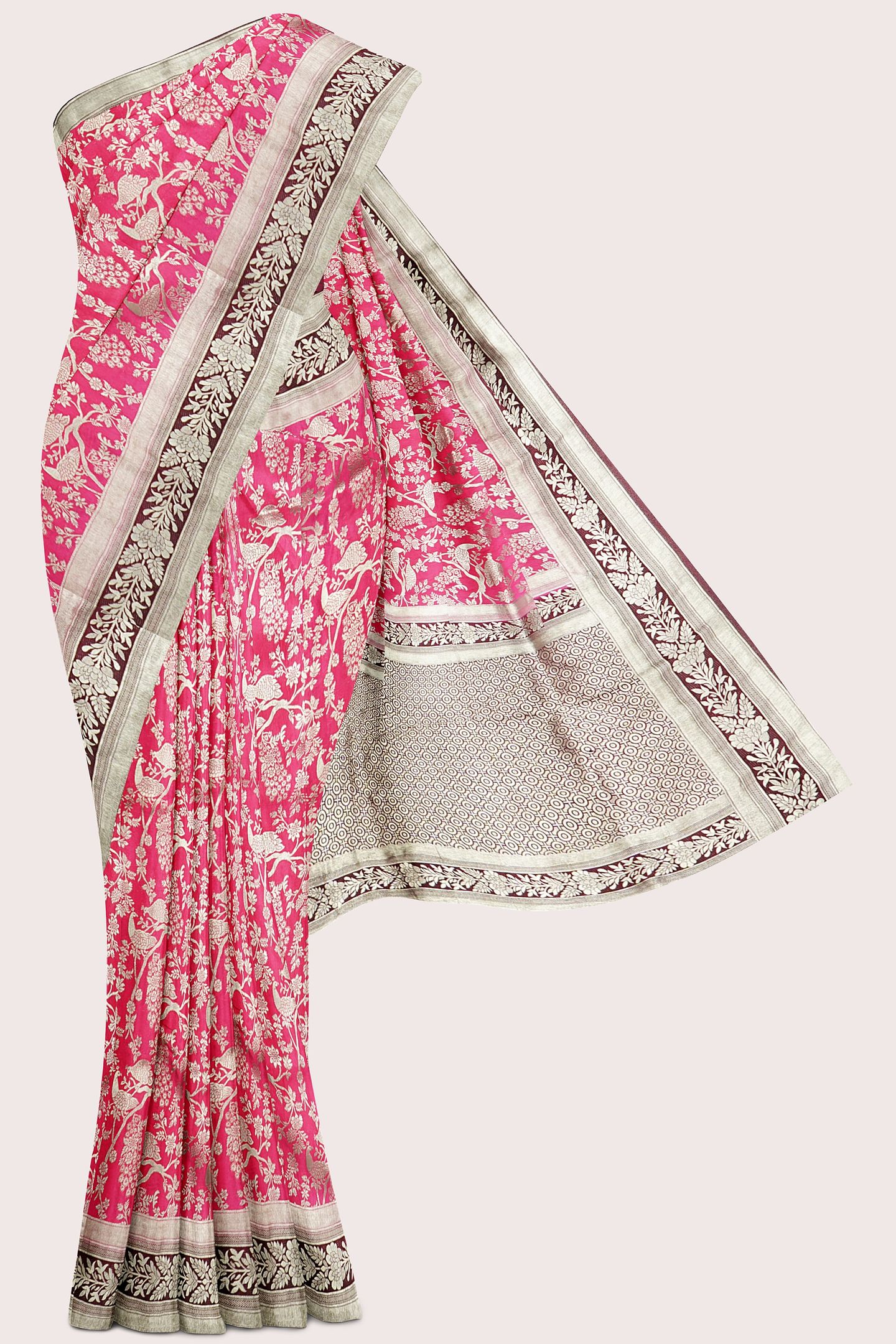 Malai Georgette Full Jal Design Peach Pink With Chocolate Saree