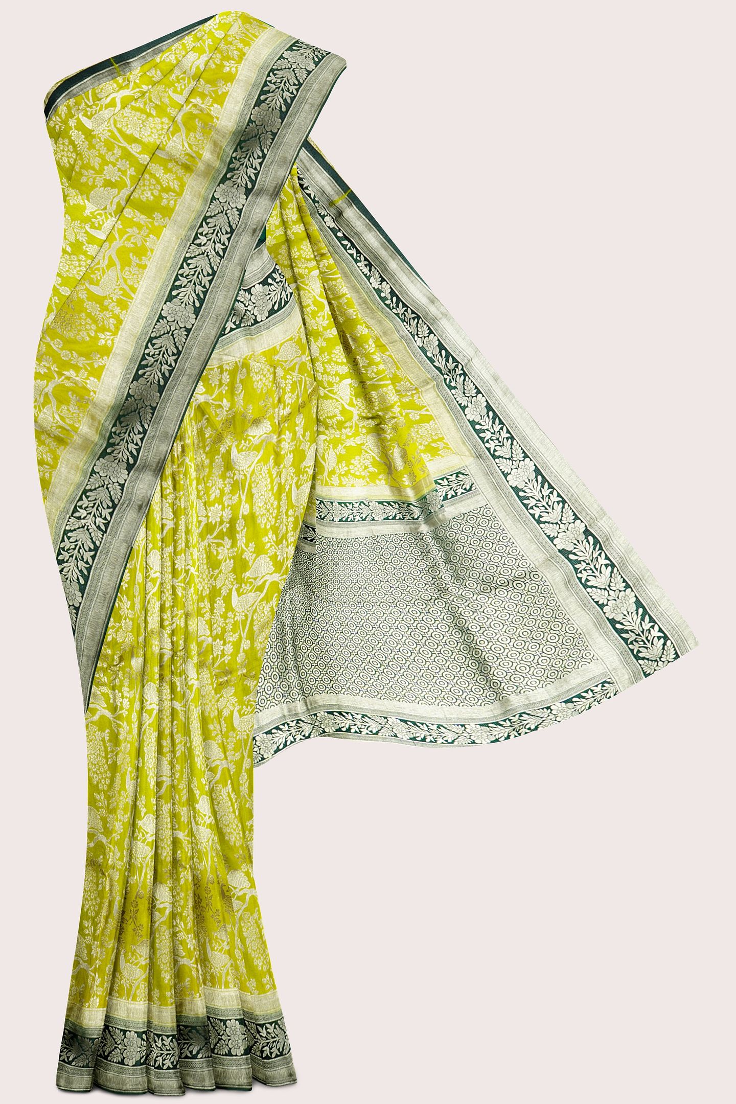 Malai Georgette Full Jal Design Leafy Green With Dark Green Saree