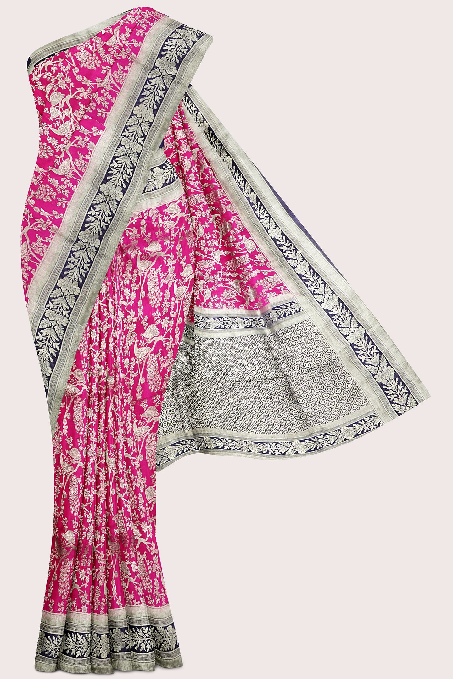 Malai Georgette Full Jal Design Rani Pink With Navy Blue Saree