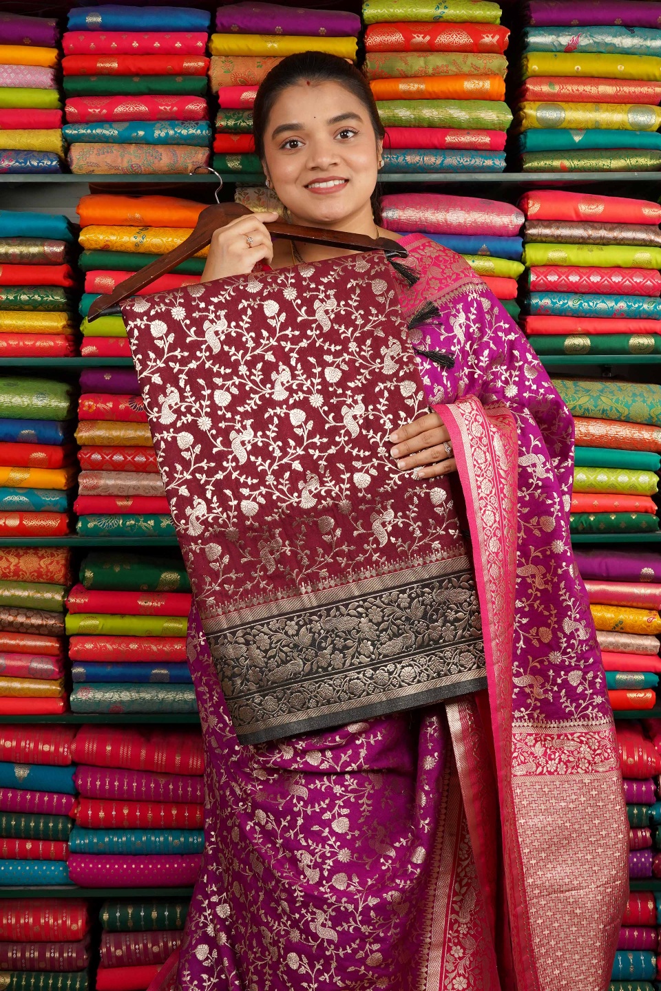 Banarasi Georgette All Over Design Dark Maroon And Grayish Green Saree