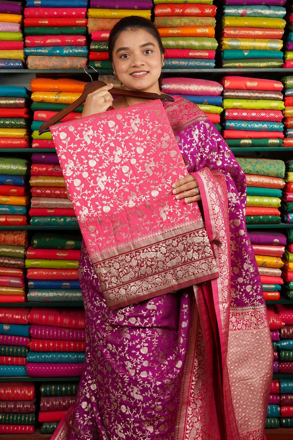 Banarasi Georgette All Over Design Blush Pink And Maroon Saree