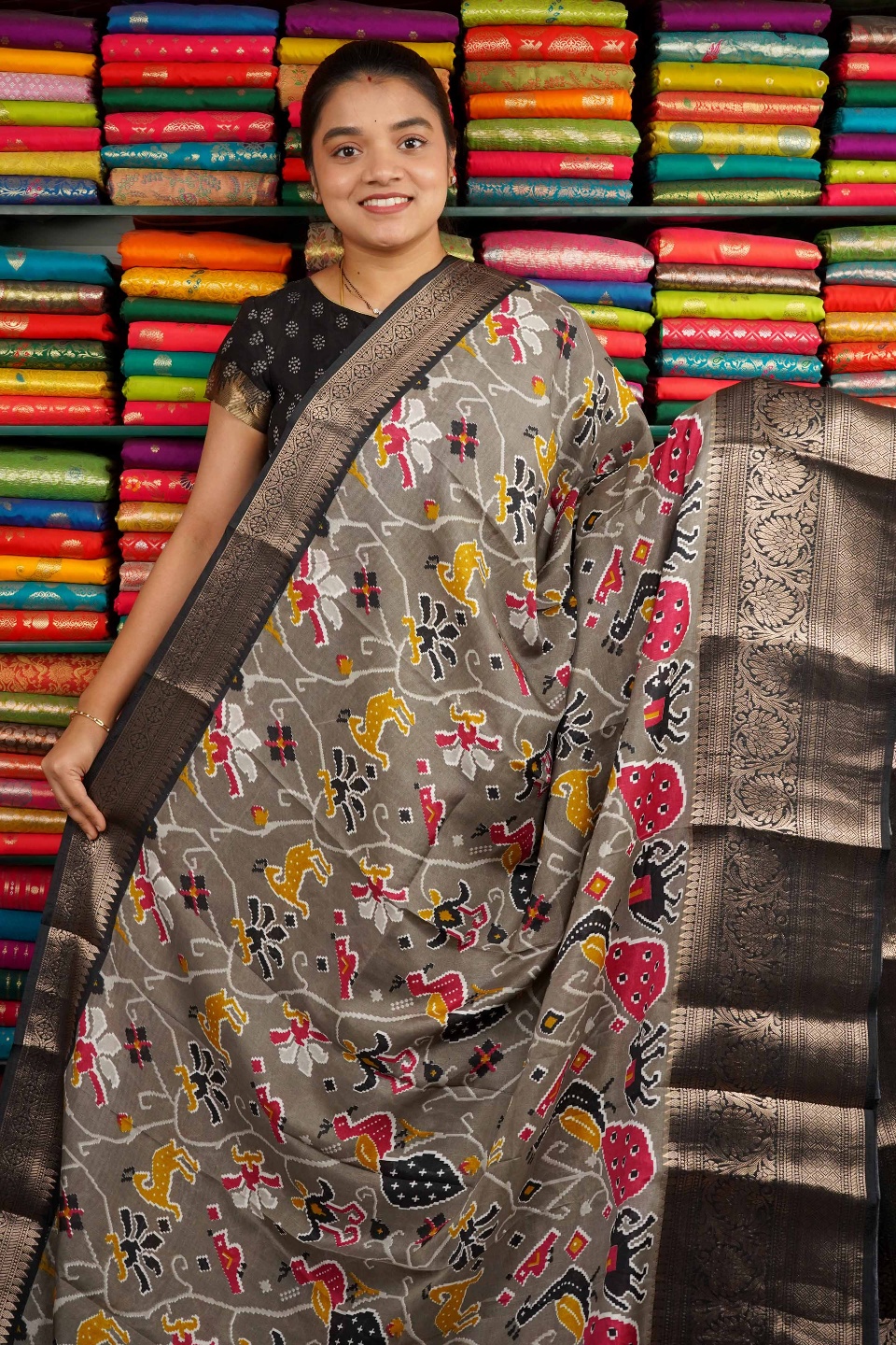 Patola Silk Zari Border Gray And Black Saree