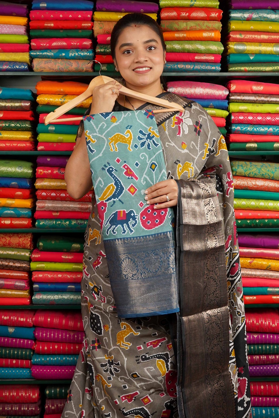 Patola Silk Zari Border Teal Blue And Dark Blue Saree