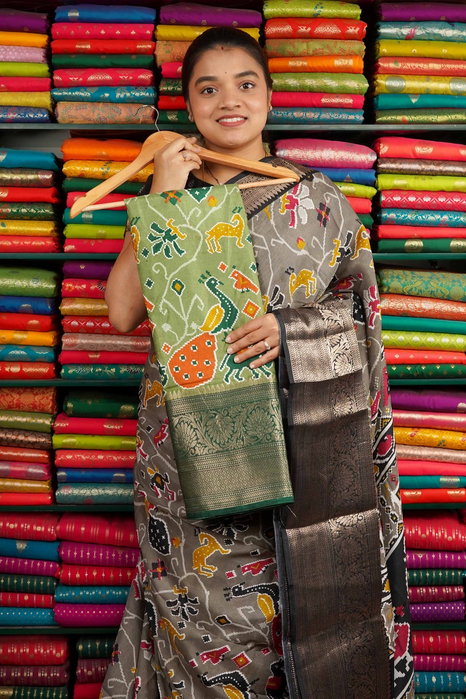 Patola Silk Zari Border Green And Dark Green Saree