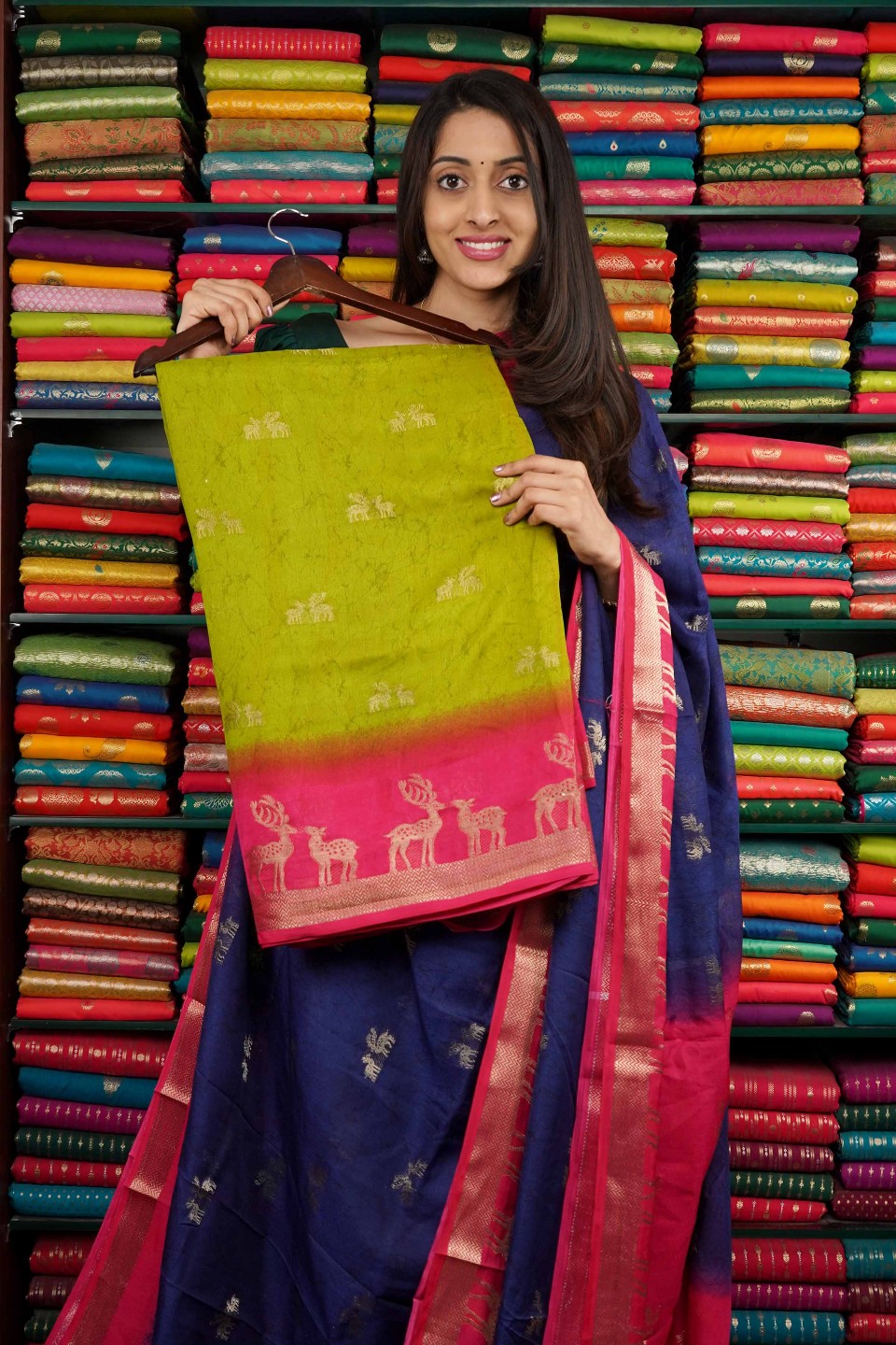 Soft Silk Gold Zari Deer Design Parrot Green And Pink Saree
