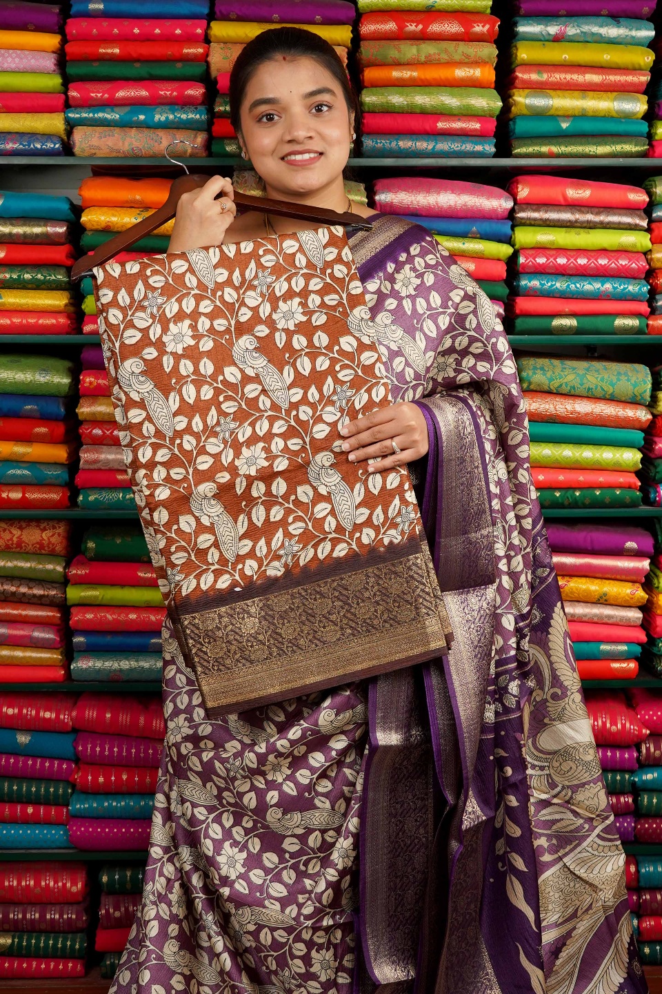 Soft Kora Silk Creaper Print Brick Red And Brown Saree