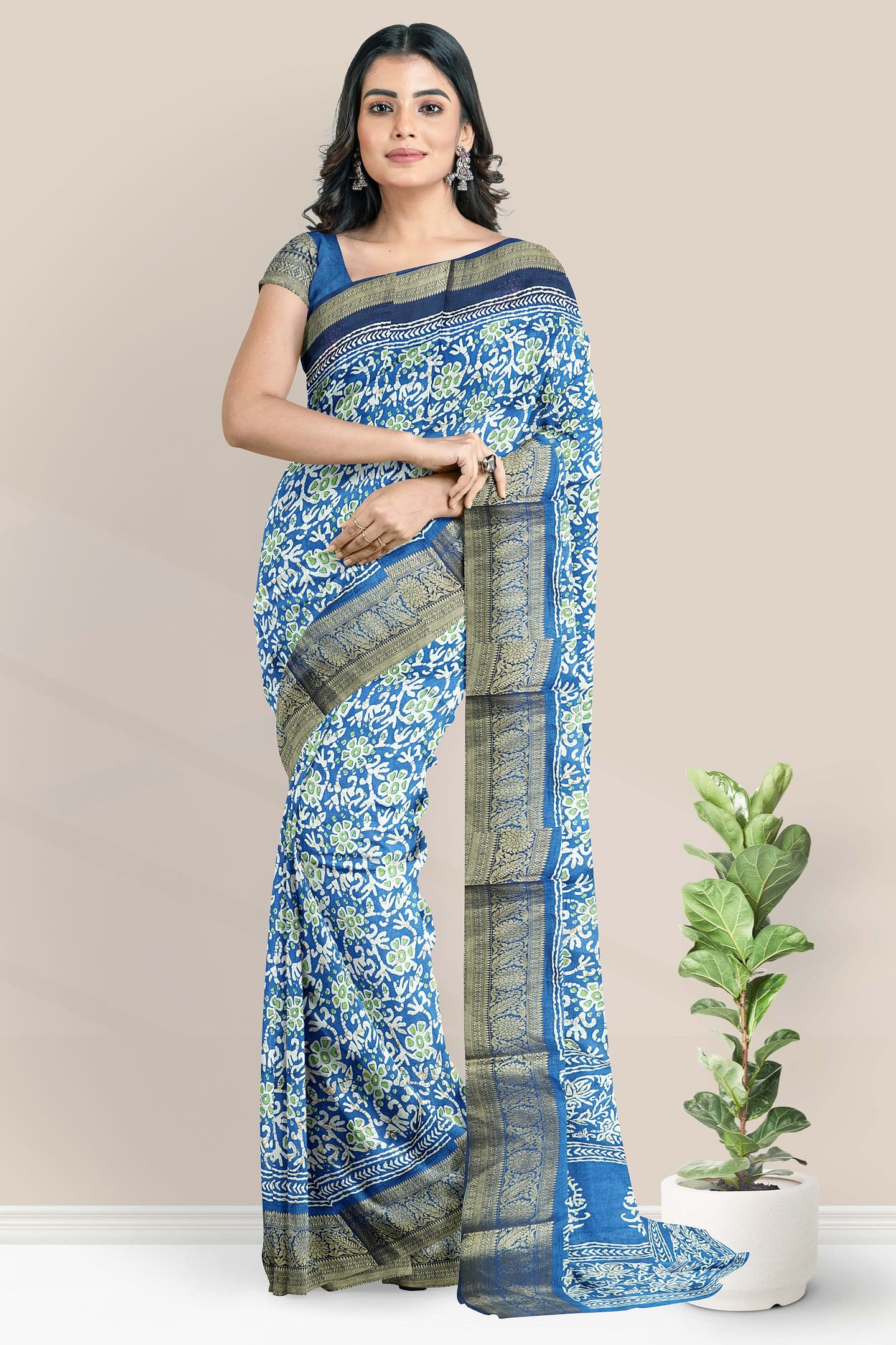 Soft Crushed Silk Batik Print Dark Blue Saree