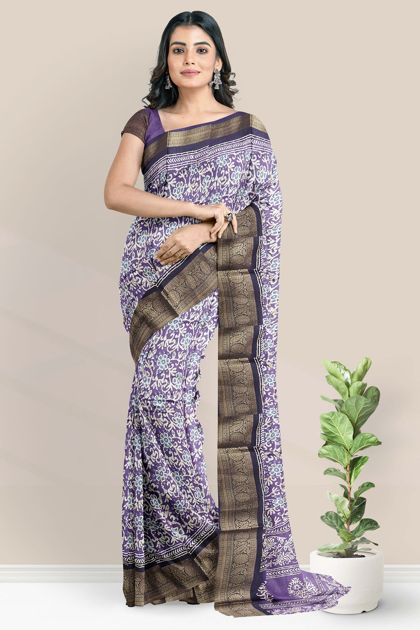 Soft Crushed Silk Batik Print Dark Lavender with Dark Purple Saree