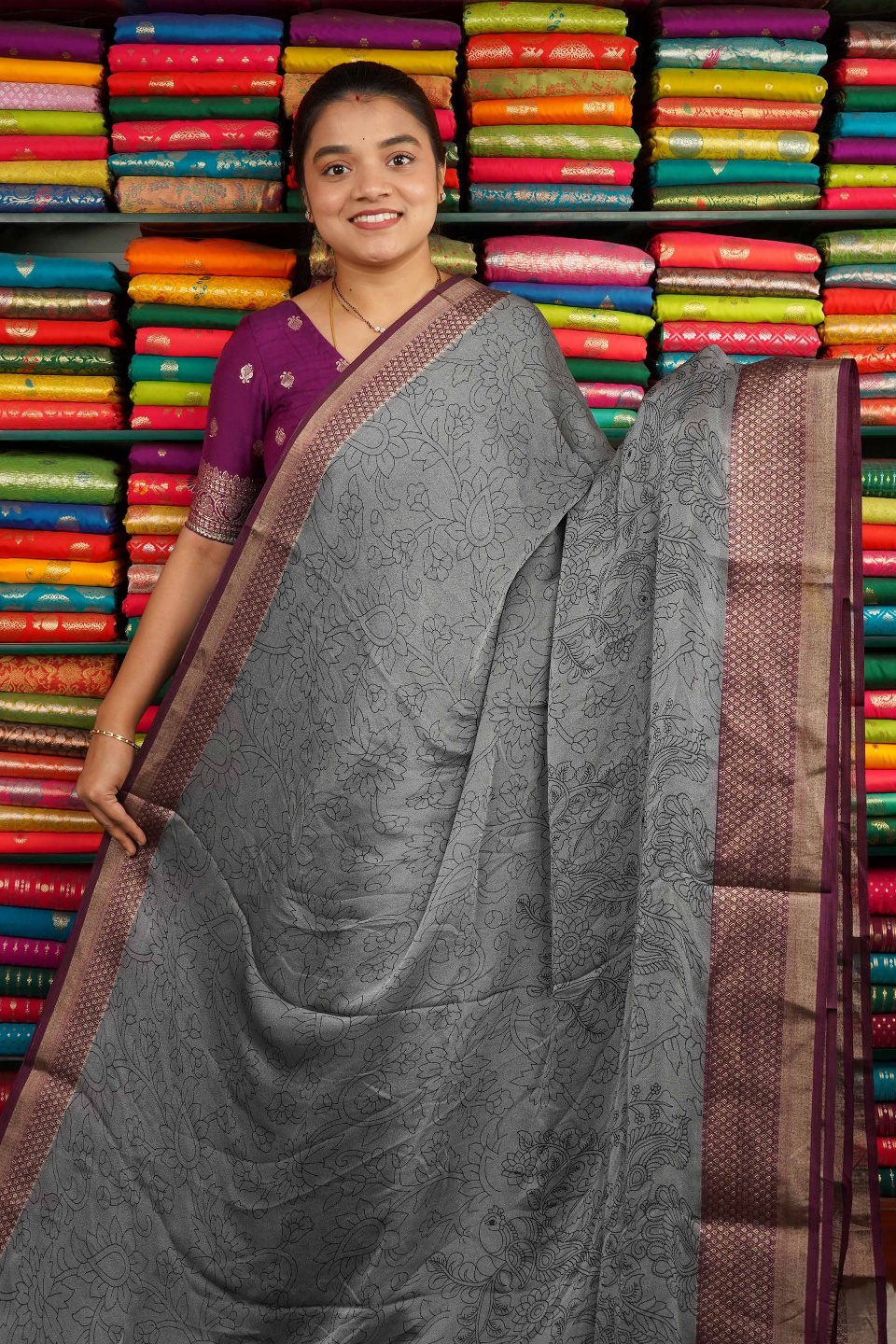 Matty Georgette Pen Kalamkari Print Dark Gray And Wine Saree