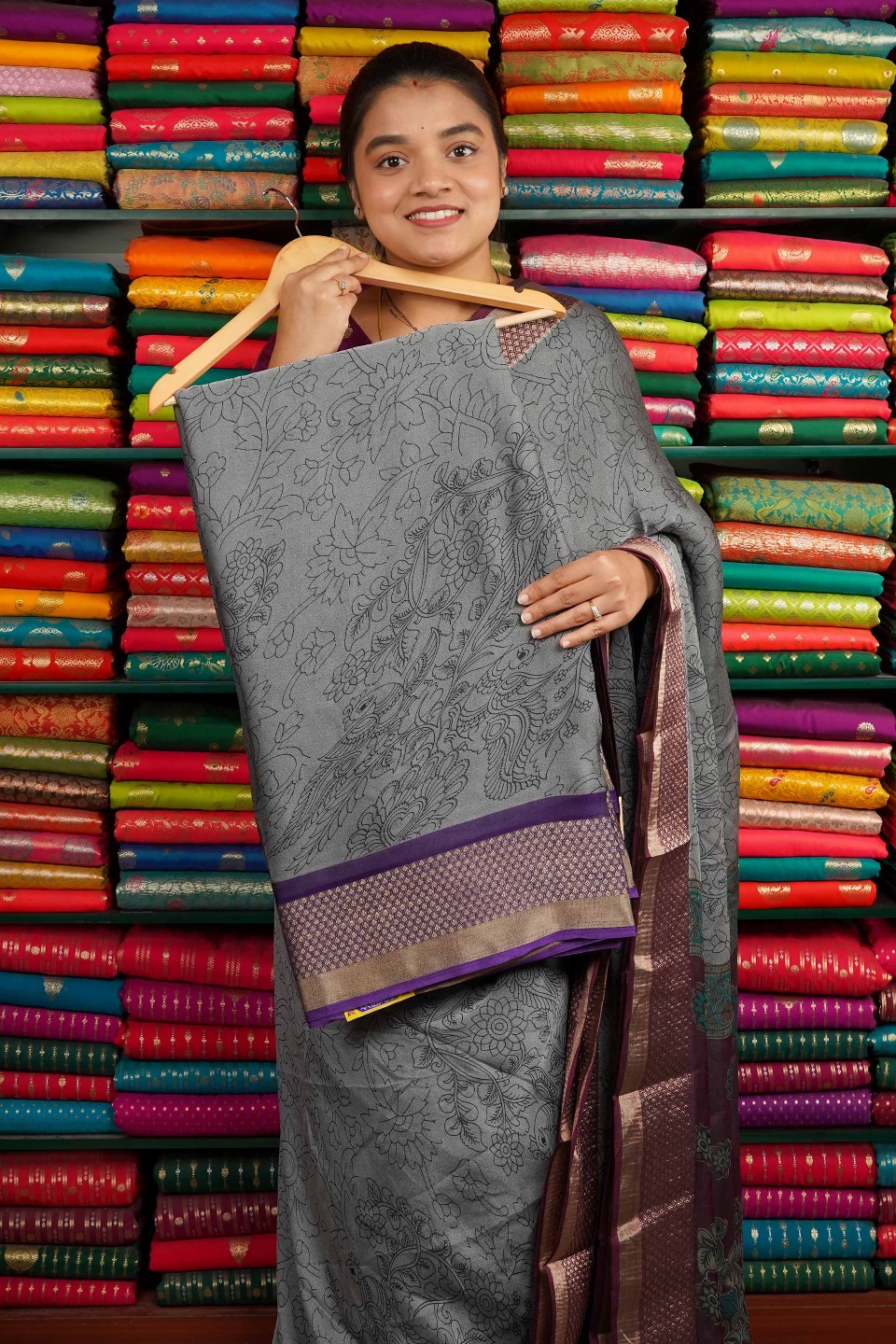 Matty Georgette Pen Kalamkari Print Dark Gray And Dark Purple Saree