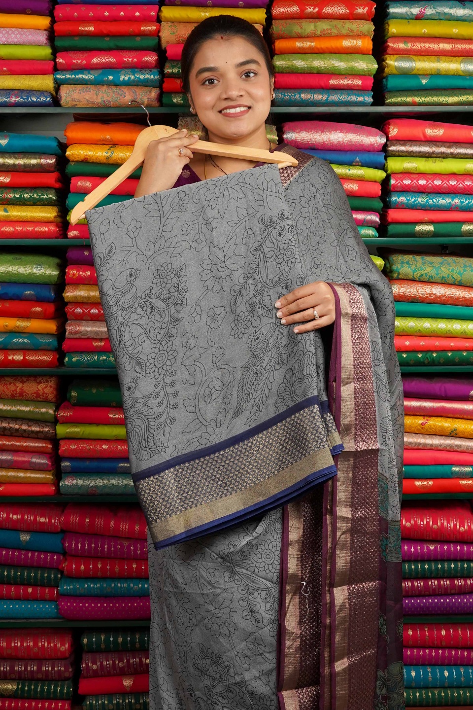 Matty Georgette Pen Kalamkari Print Dark Gray And Dark Navy Blue Saree