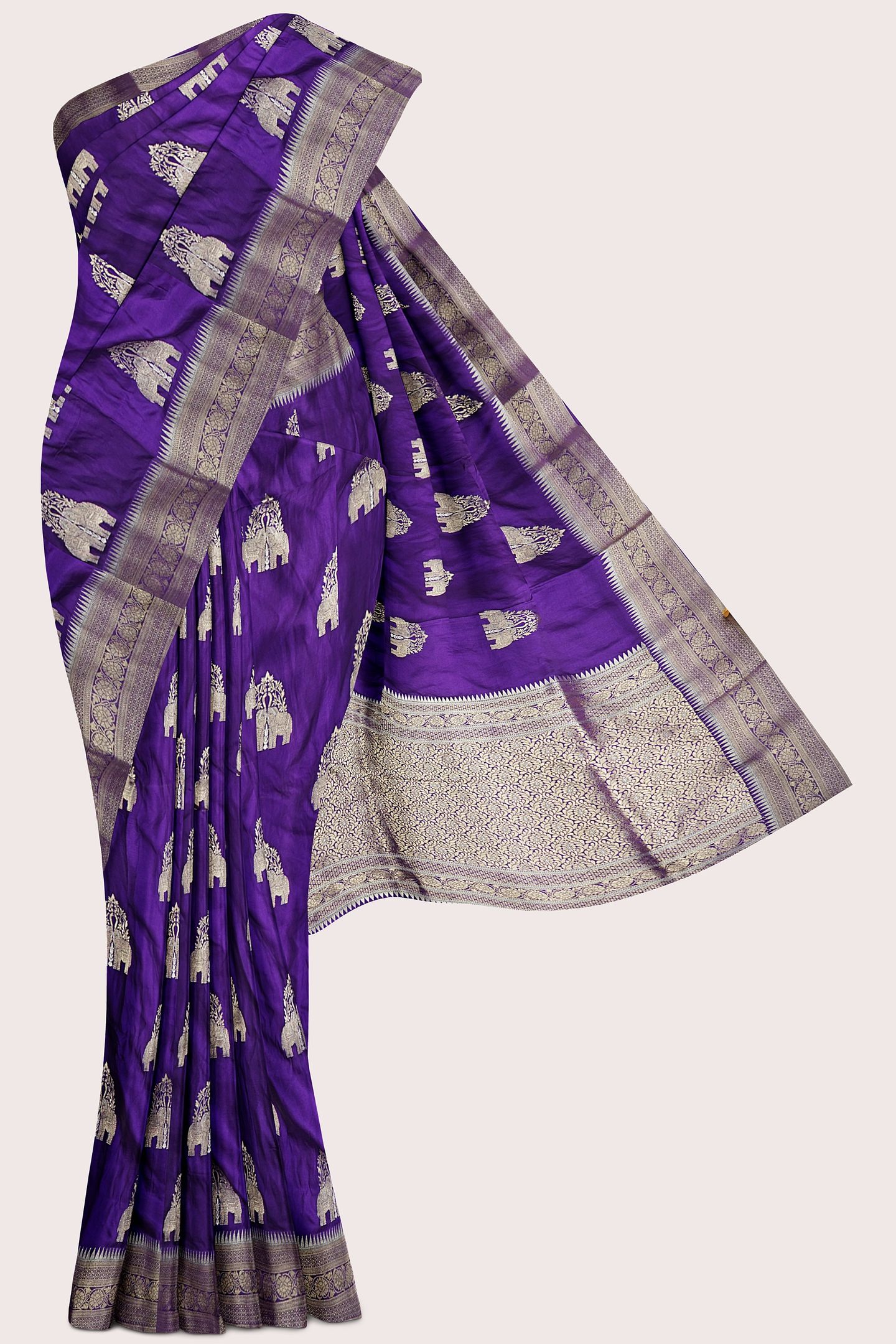 Crepe Silk Silver Zari Meenakari Butti Dark Purple Saree