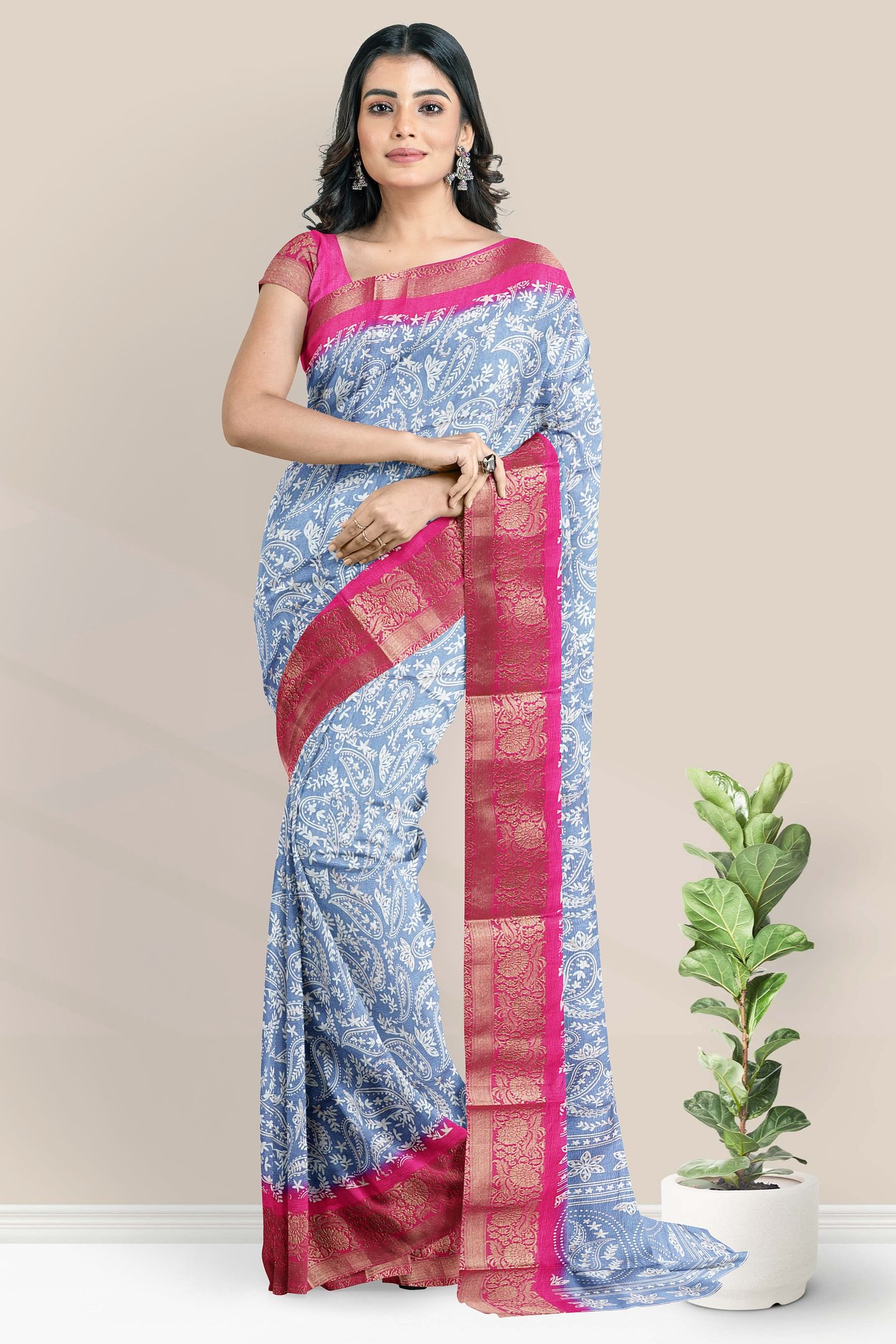 Semi Tussar Silk Glod Zari Printed Style Light Blue With Pink Saree