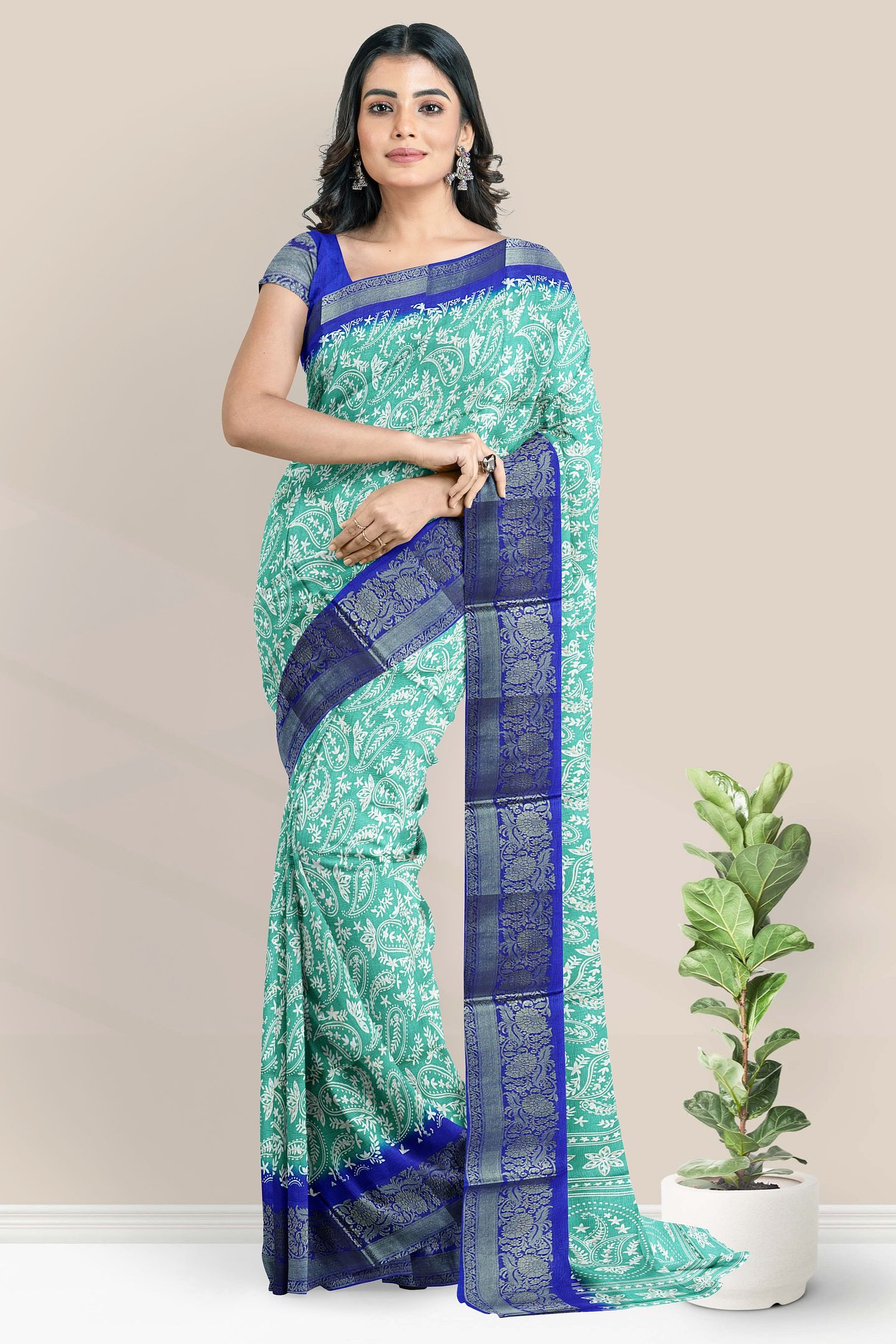 Semi Tussar Silk Glod Zari Printed Style Green With Royal Blue Saree