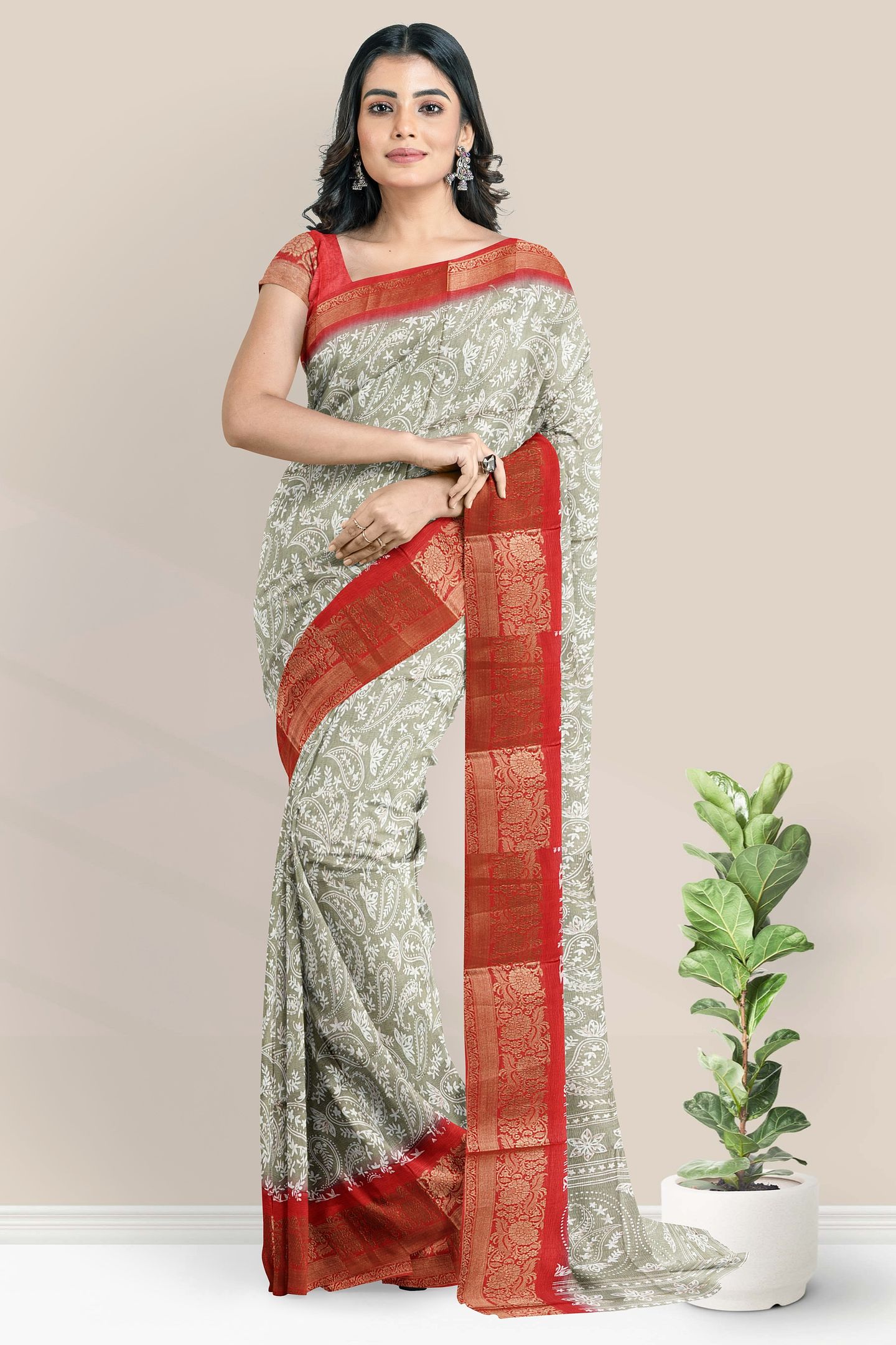 Semi Tussar Silk Glod Zari Printed Style Mehandhi Green With Red Saree