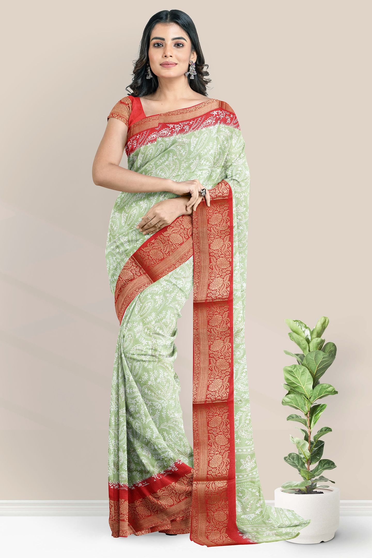 Semi Tussar Silk Glod Zari Printed Style Light Leaf Green With Red Saree