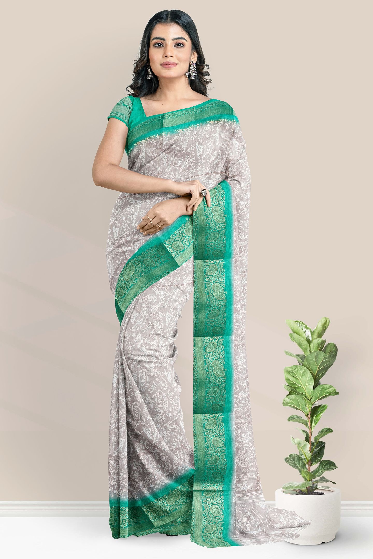 Semi Tussar Silk Glod Zari Printed Style Snuff With Green Saree
