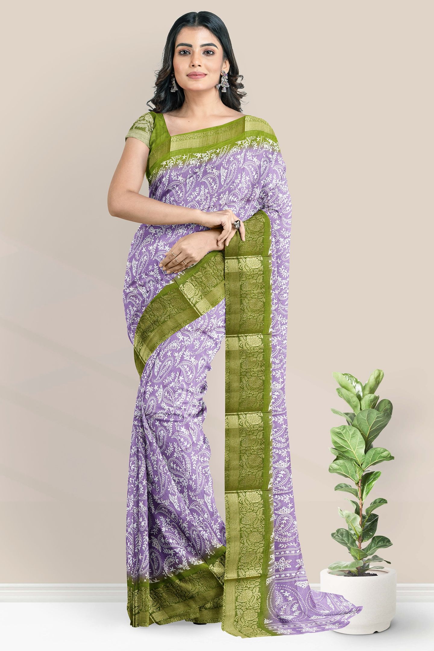 Semi Tussar Silk Glod Zari Printed Style Lavender With Mehandhi Green Saree