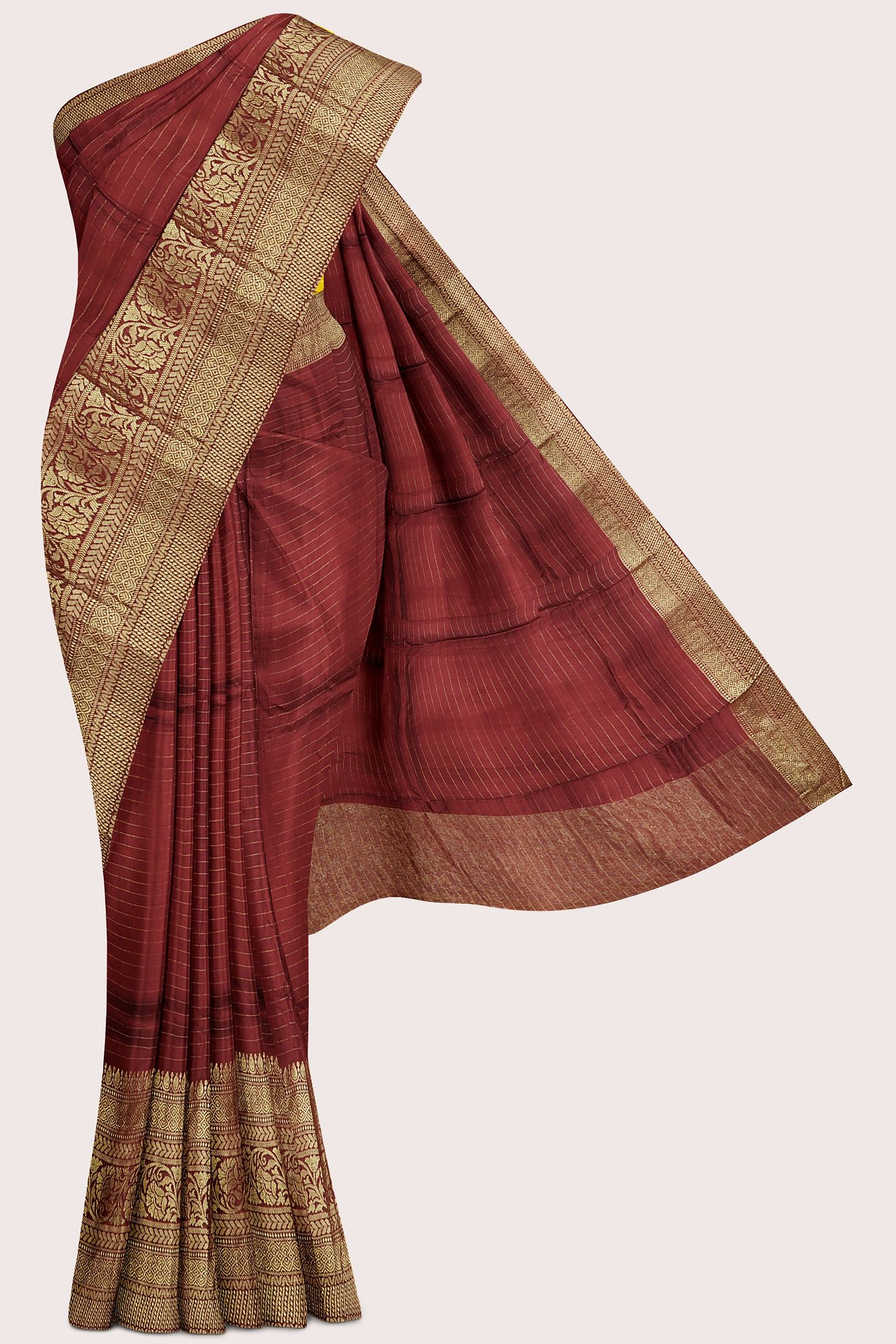 Viscose Chinon Georgette Doriya Lines Chocolate Brown With Yellow Saree