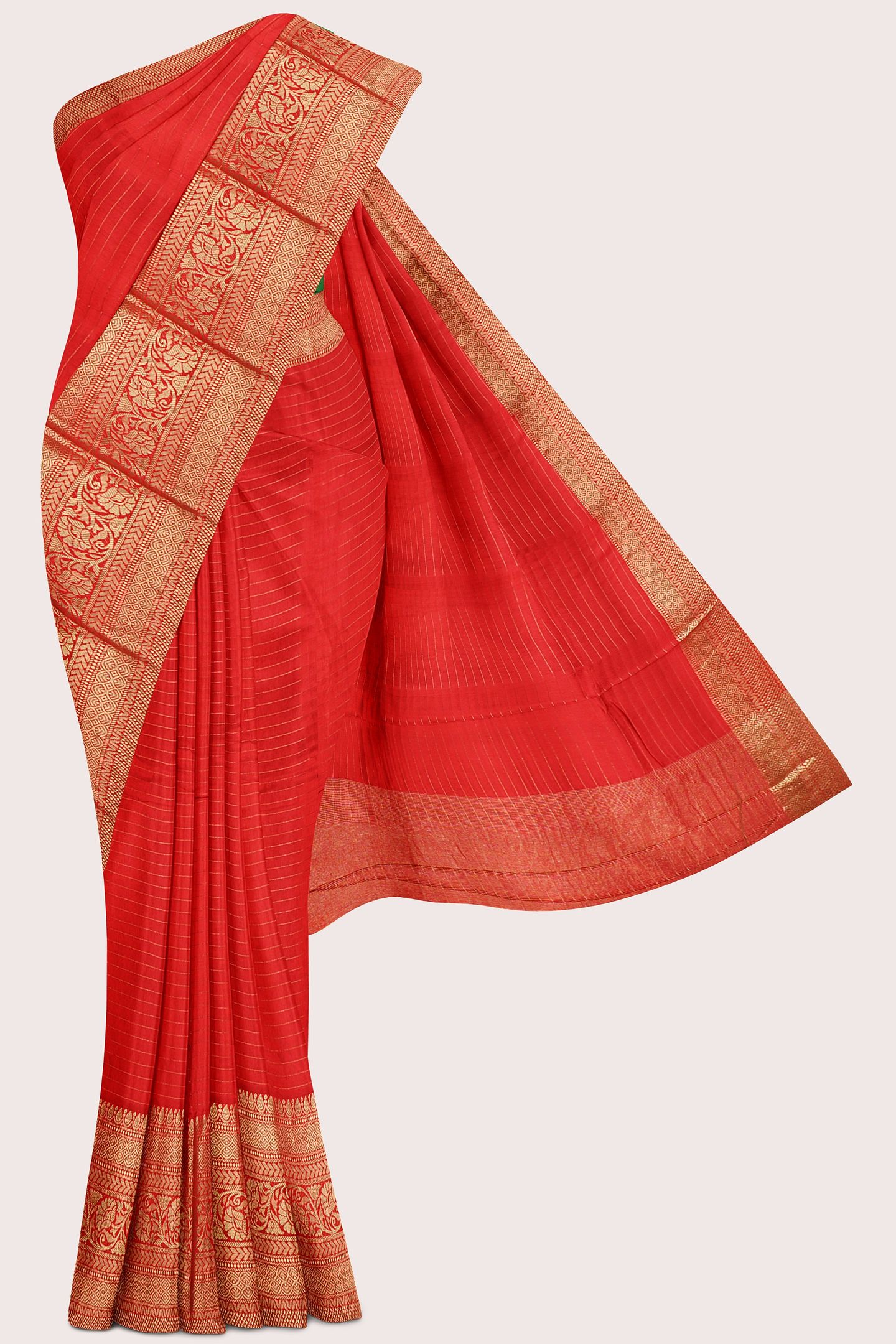 Viscose Chinon Georgette Doriya Lines Red With Dark Green Saree